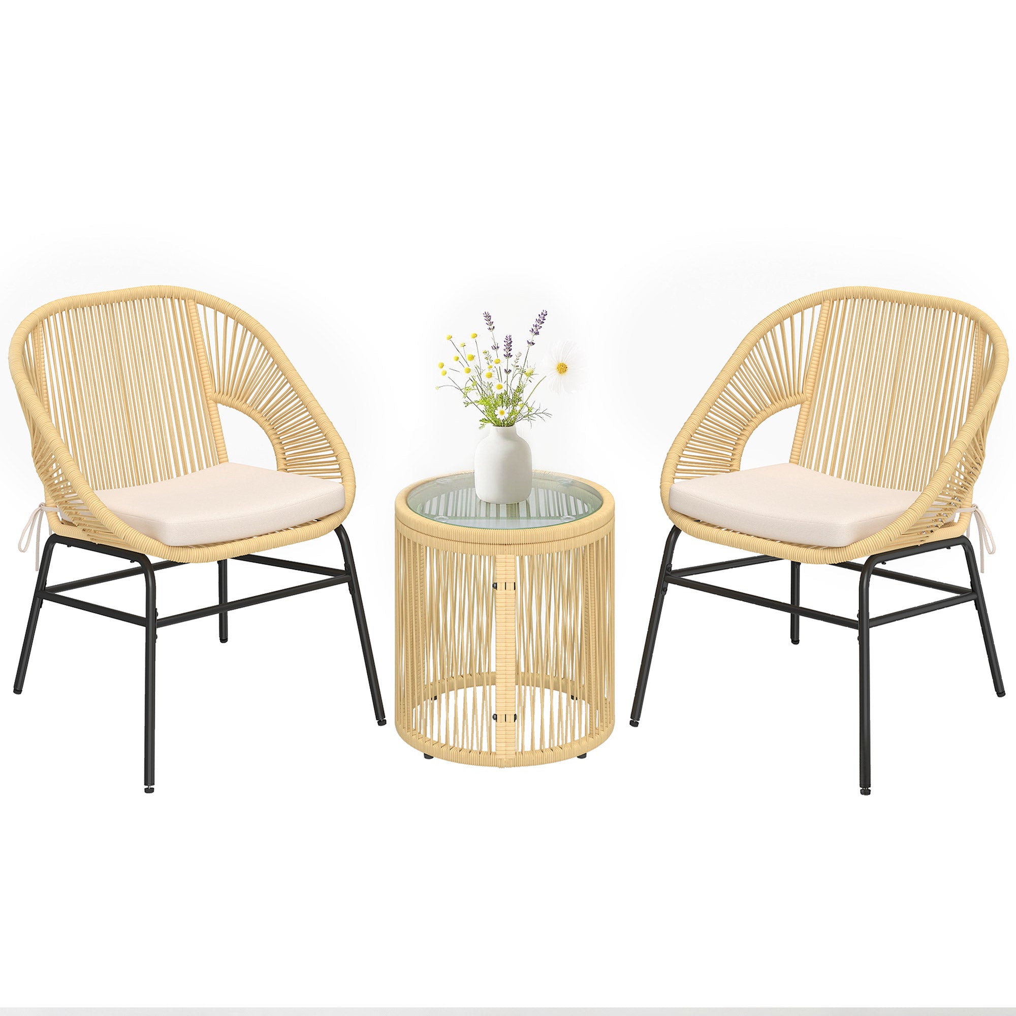 Outsunny 3‑osaline rattan-bistrookomplekt – 2 polsterdatud tooli ja karastatud klaasiga laud, beež