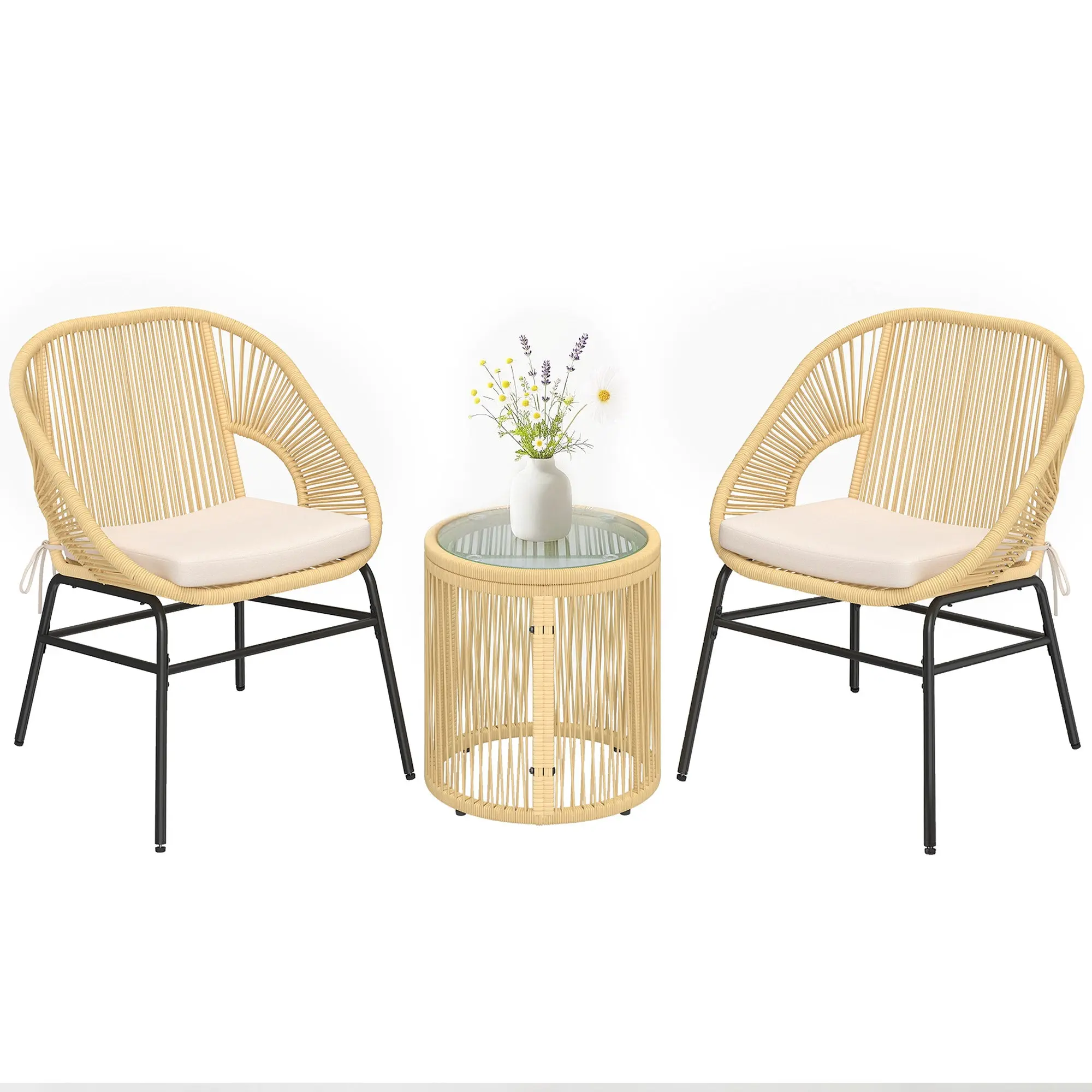 3-Piece Rattan Bistro Set – 2 Cushioned Chairs & Tempered Glass Table, Ergonomic Balcony/Patio Furniture, Beige