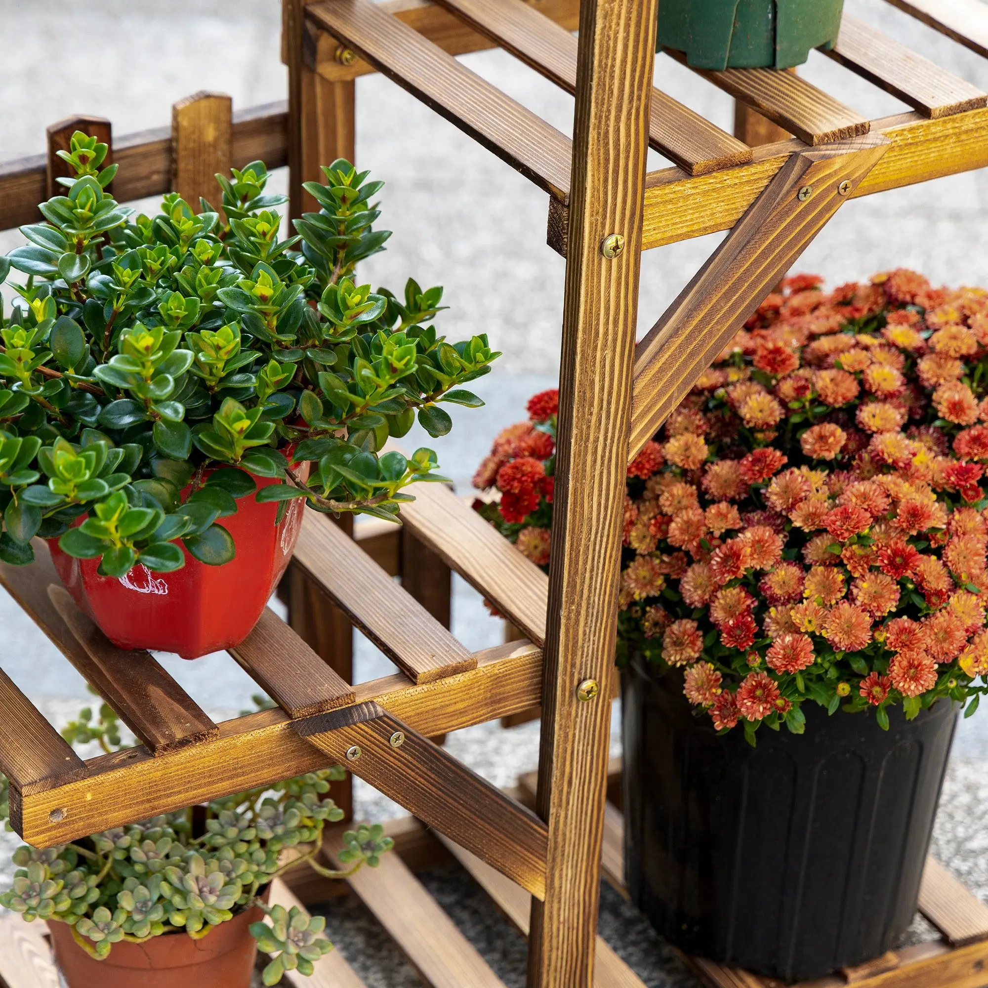 Wooden Flower Shelf Plant Pot Stand Wooden 5 Tier Shelves Ornament Small Barriers 60 x 30x 130cm Carbonized Pine Wood for Indoor Garden Terrace Balcony