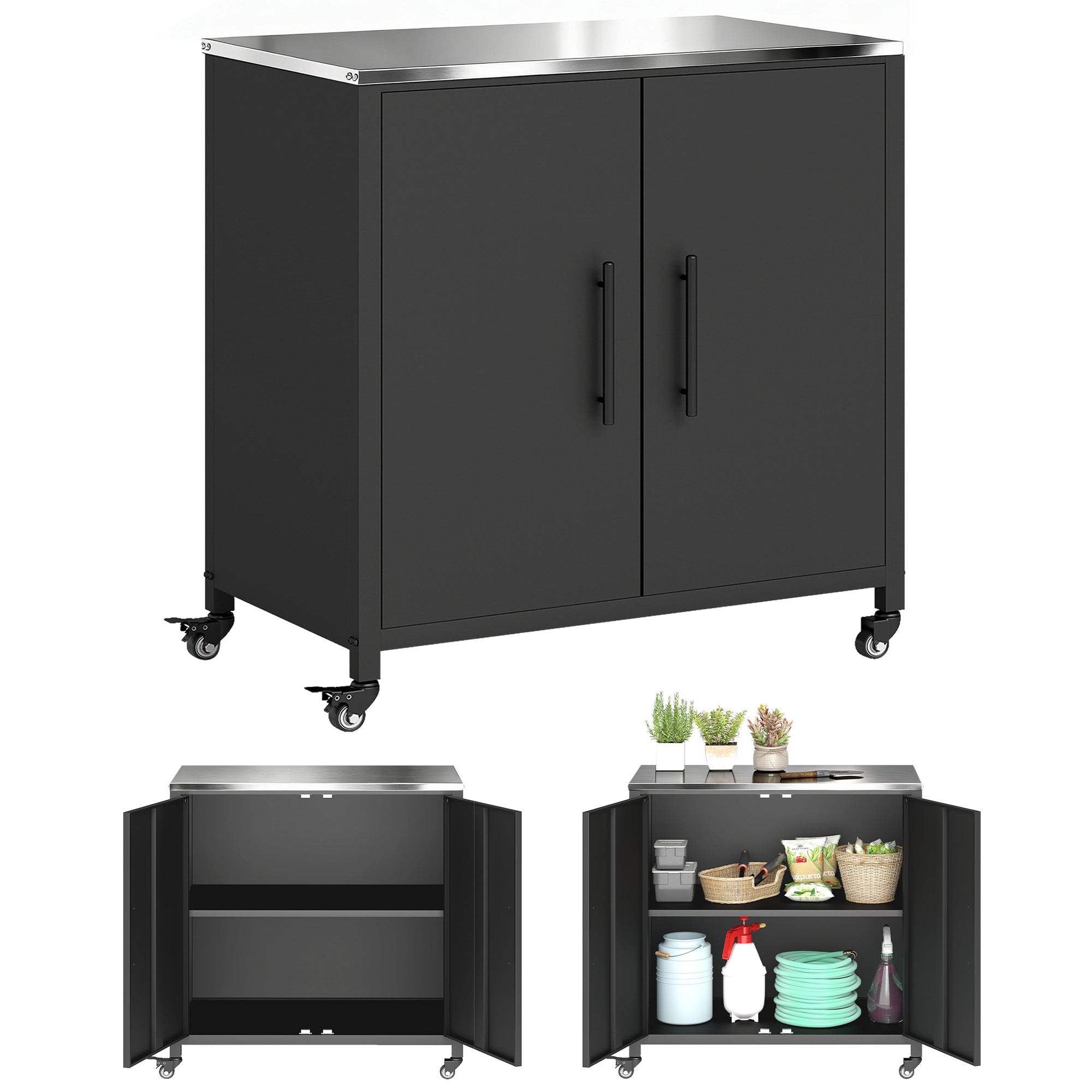 Outsunny Pflanztisch mit Schrank – Metall-Gartenschrank mit Edelstahl-Arbeitsfläche, herausnehmbarem Regal, magnetischen Doppeltüren und arretierbaren Rollen – 80 x 50 x 90 cm