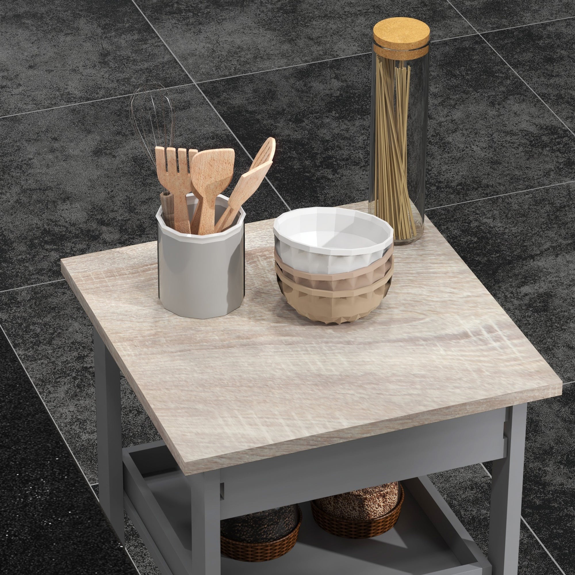 Kitchen Trolley Service Cart with Wheels 2 Removable Trays, Drawer, Shelf Light Oak Pine Wood Gray