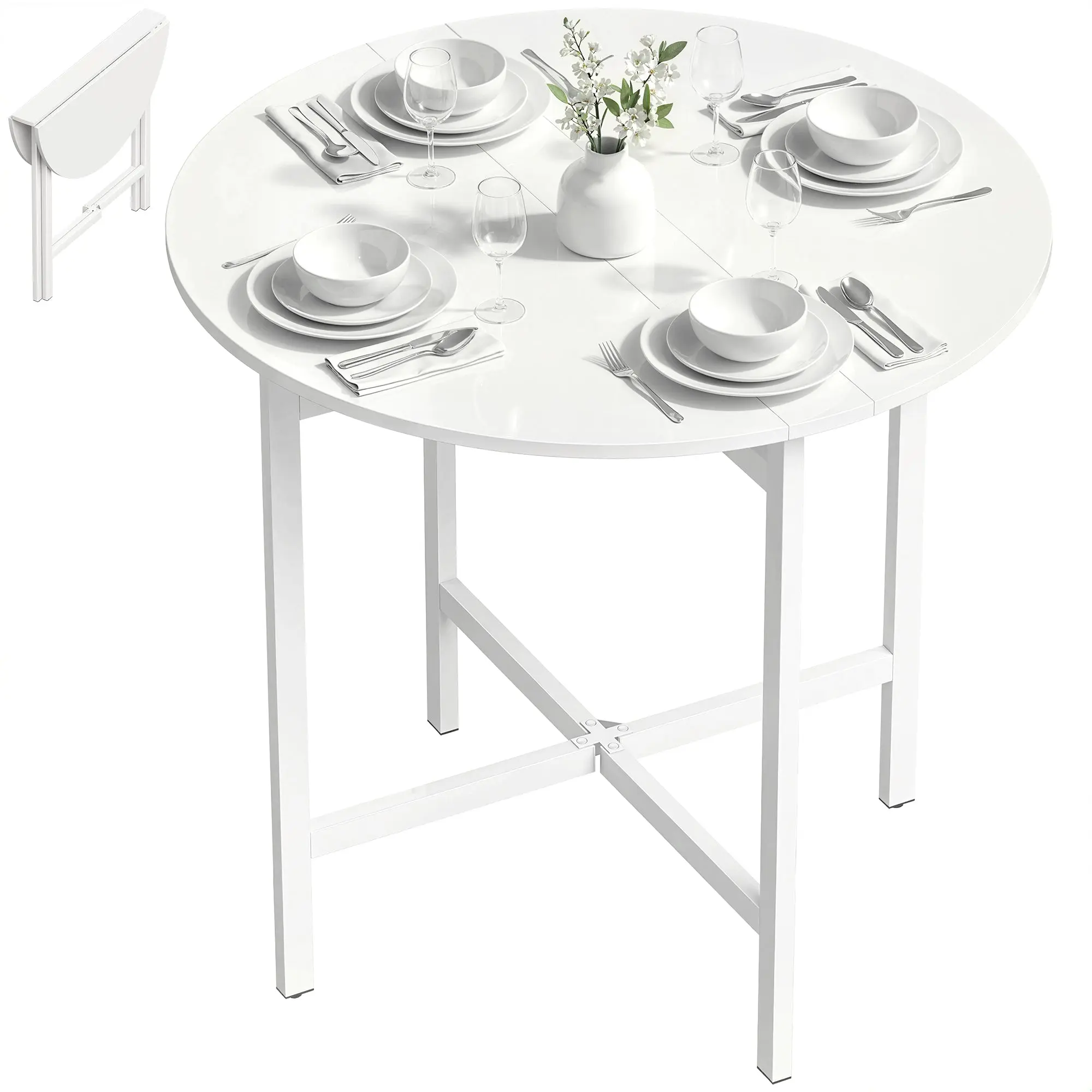 Round Folding Dining Table, 31.5 in (Ø 80 cm) for 4 with 2 Drop Leaves, Steel Legs, Modern Design for Small Spaces, White