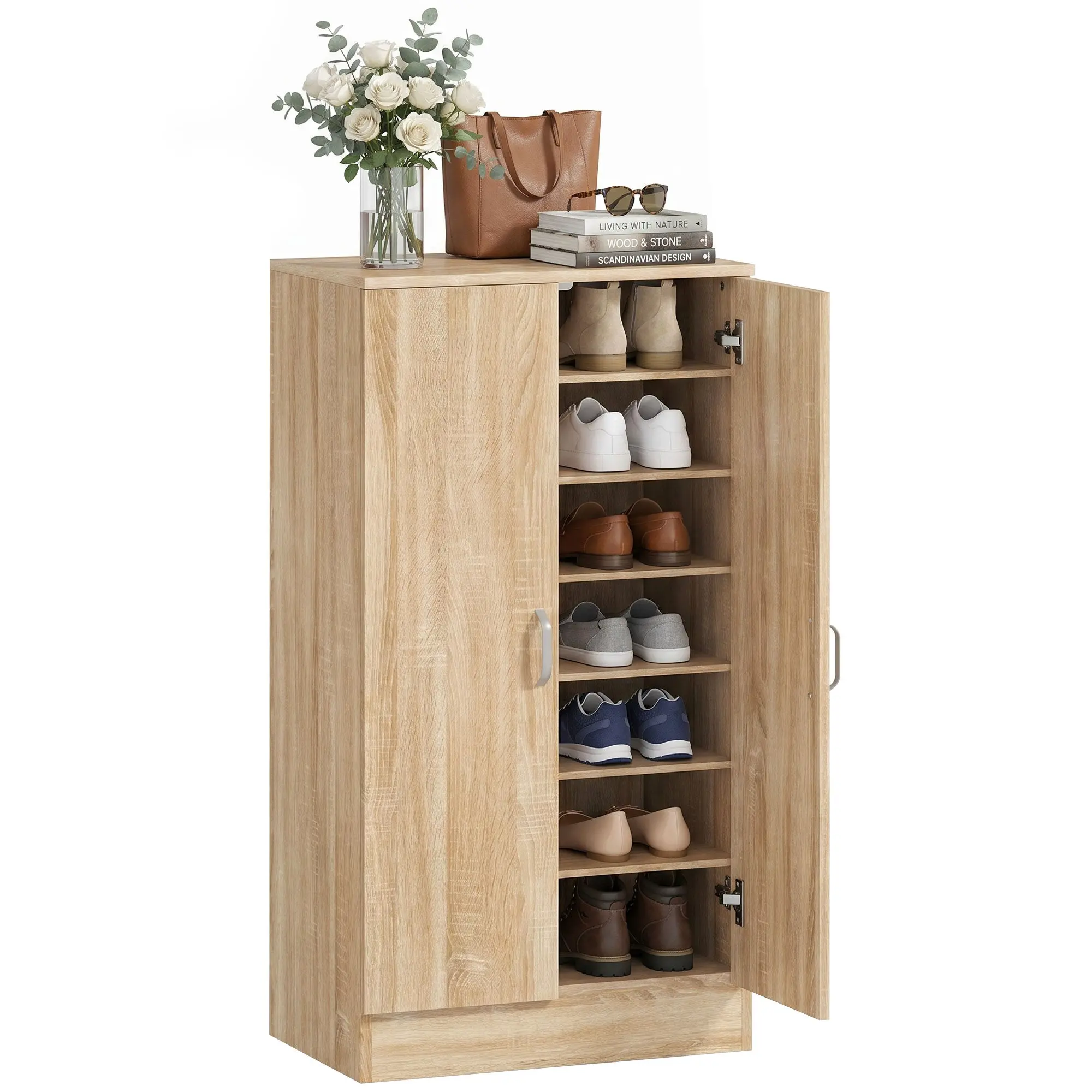 Shoe Cabinet with 2 Doors, 14-Pair Shoe Storage Cupboard with 6 Adjustable Shelves, Soft-Close Hinges, Wooden Shoe Organizer for Hallway, Entryway, Natural Oak