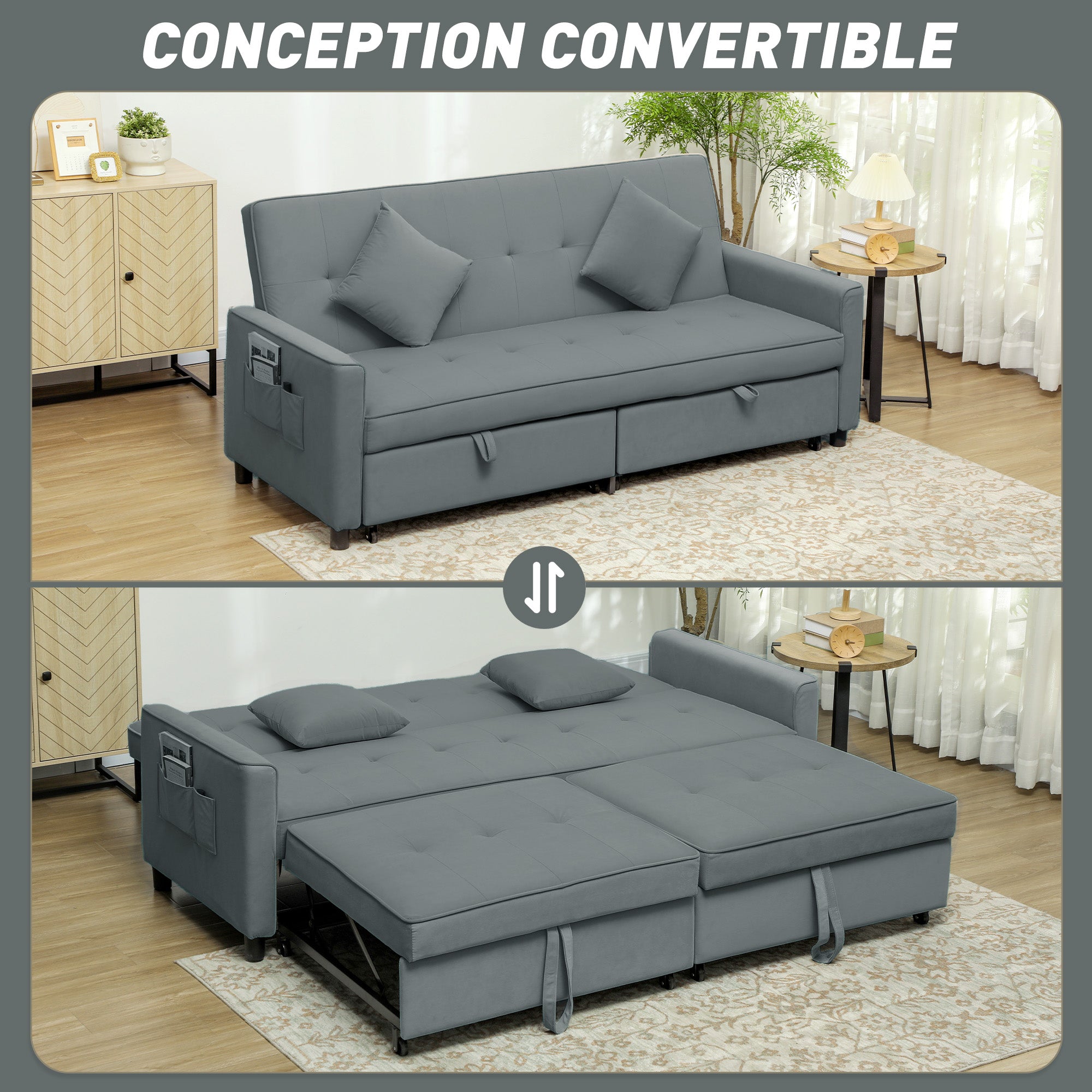 HOMCOM 3-Sëtz Transforméierbare Sofa-Bed Reversible Clic-Clac Sofa mat Justéierbarem Réck an Këssen, Modern Velvet-Look Stoff Sofa fir d'Wunnzëmmer, Gästebett, Grou
