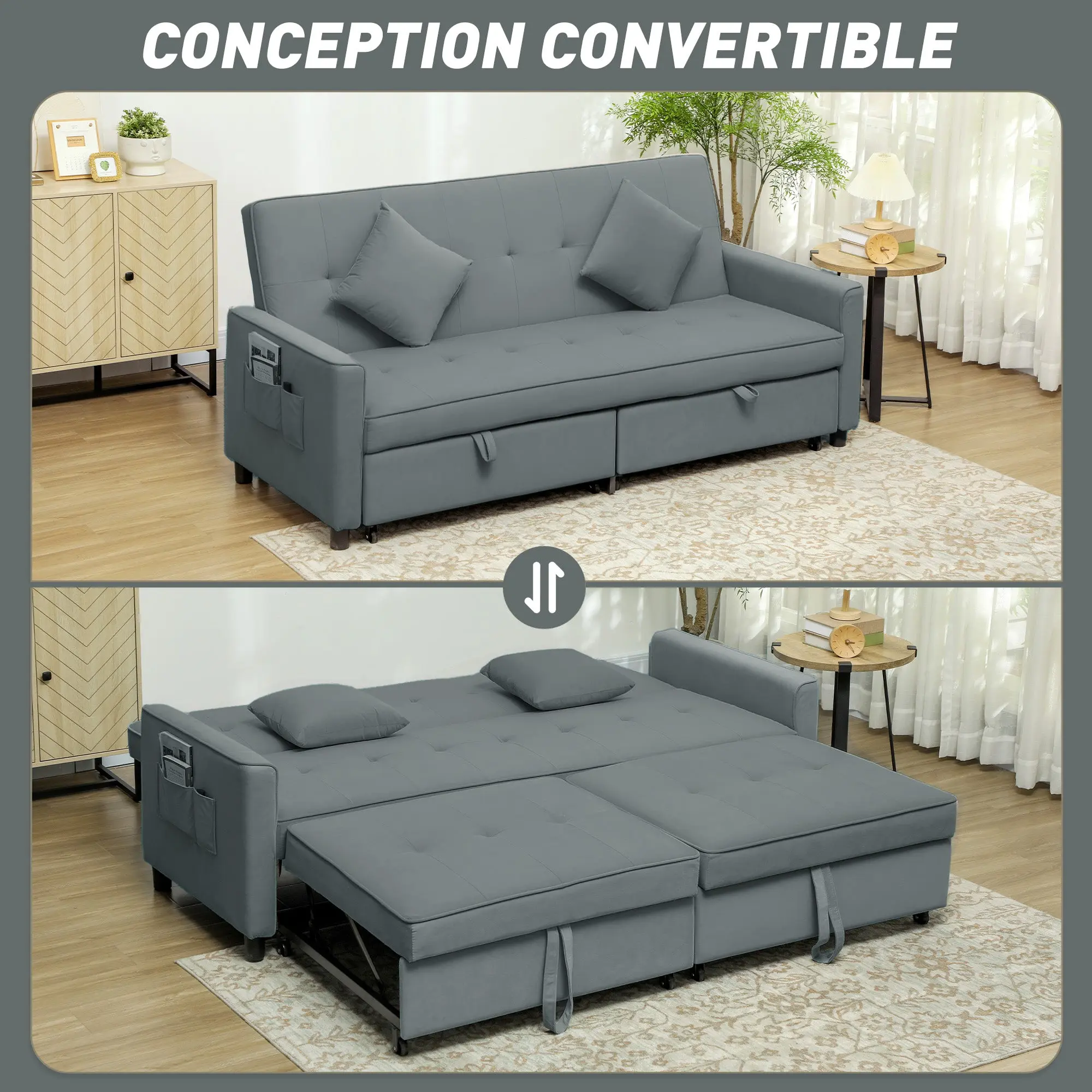 3-Seater Convertible Sofa Bed Reversible Clic-Clac Sofa with Adjustable Back and Cushions, Modern Velvet-Look Fabric Sofa for Living Room, Guest Room, Gray