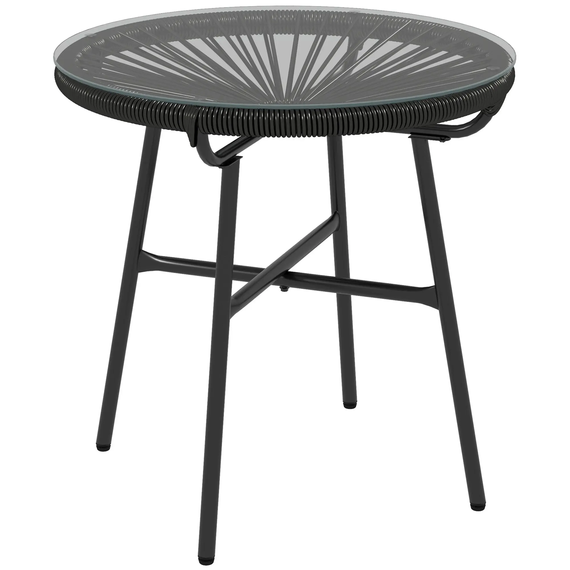 Rattan Side Table, Bistro Table, Coffee Table with Glass Tabletop, Round Garden Table, for Patio, Balcony, Black, 50 x 50 x 50 cm