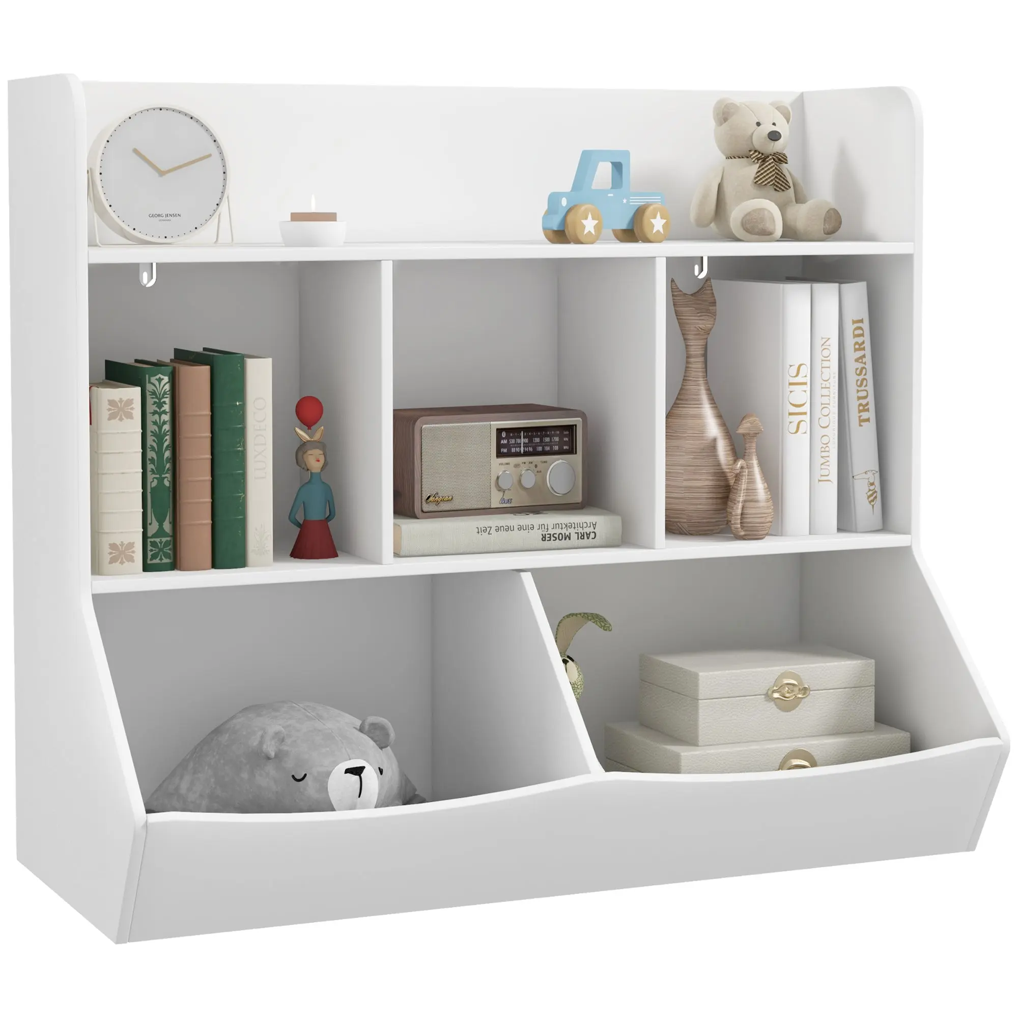 Children's Bookshelf with 3 Levels, Toy Storage with 5 Compartments in Wood with Anti-Tipping Device, 91.5x43x79cm, White