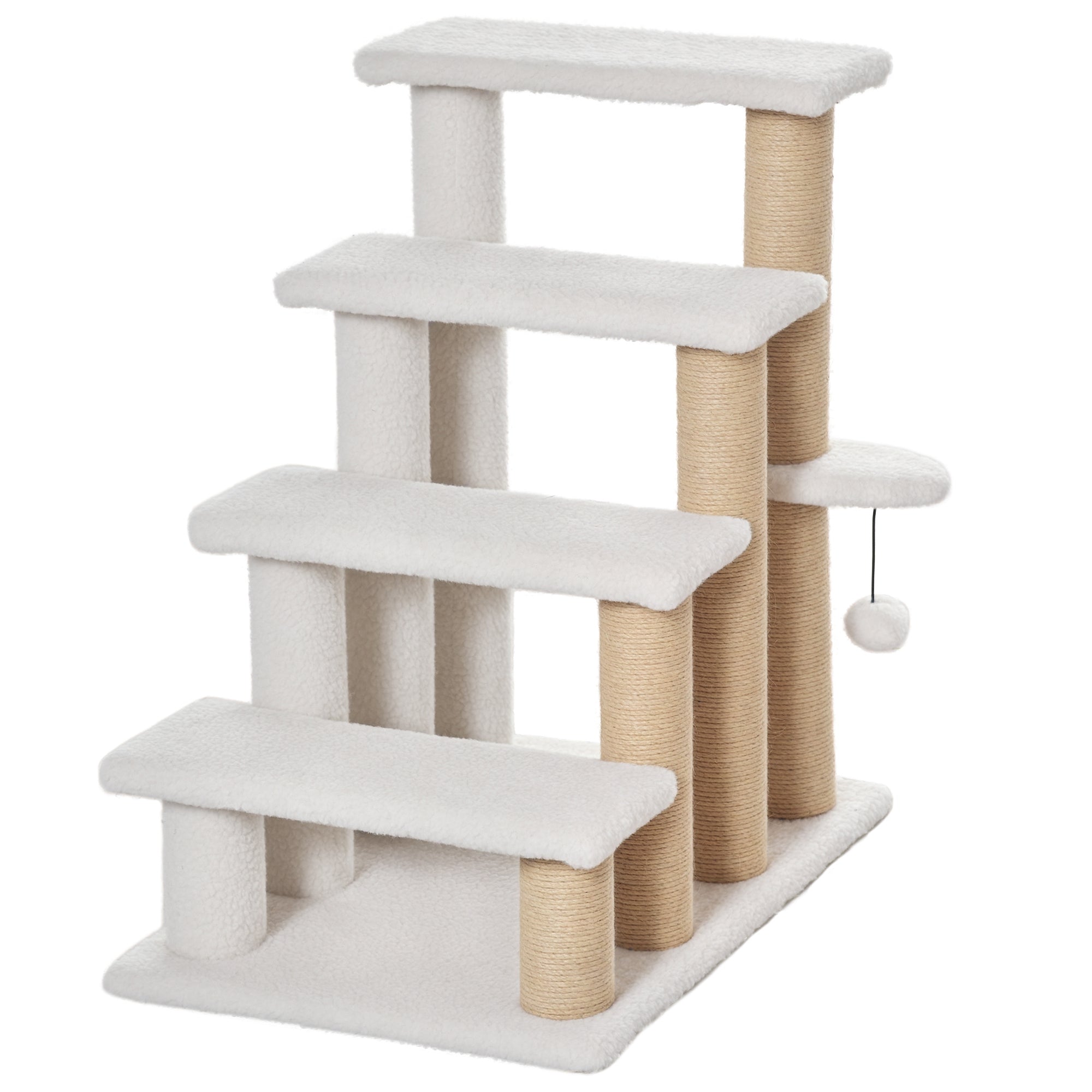 PawHut mačje stopnice 4-stopnje z praskalnimi stebrički in kroglico, pasje stopnice za mačke do 5 kg, plišasti jute, bela 60 x 40 x 64 cm