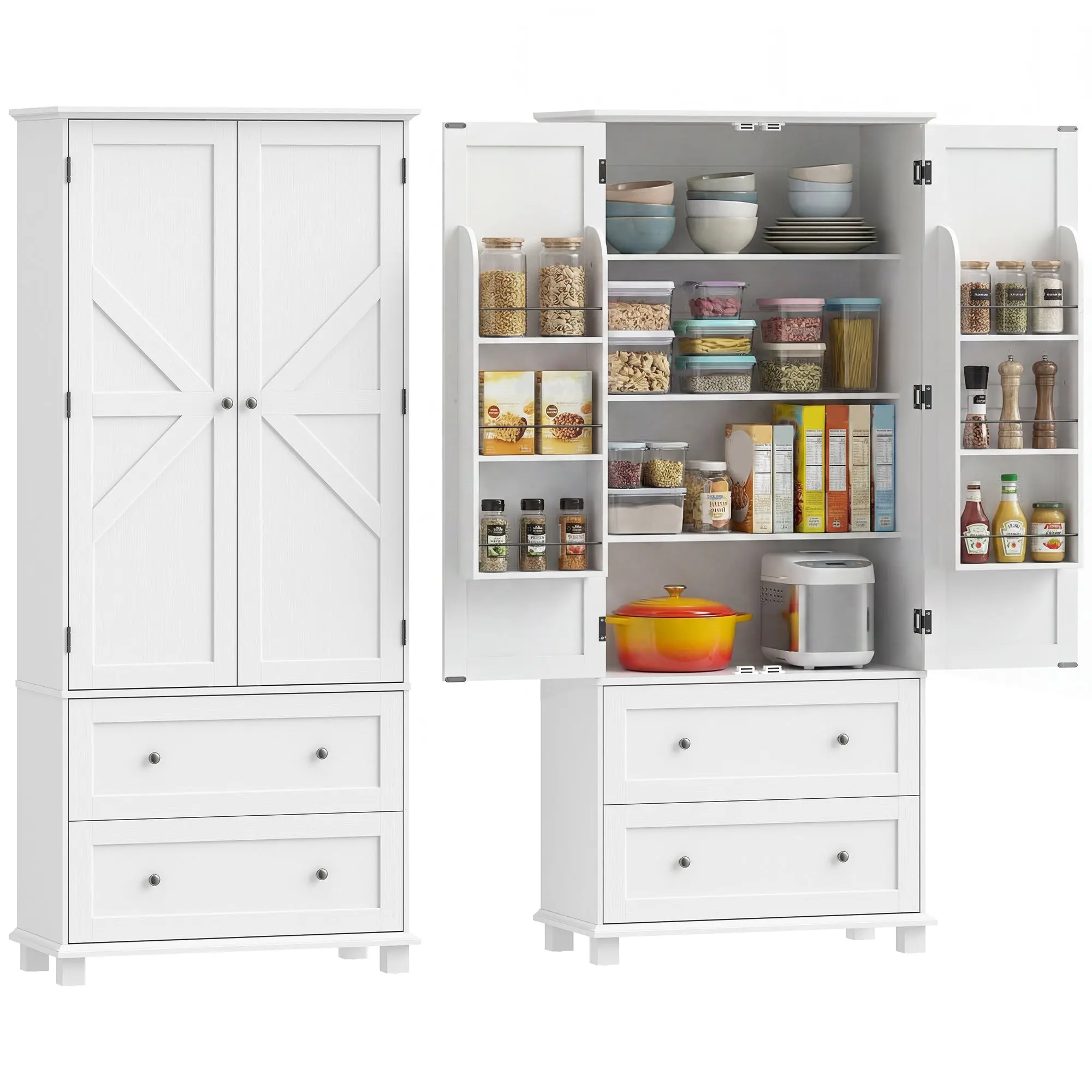 Tall Kitchen Cabinet / Hutch, 2 Doors 2 Drawers, 6 Door Racks, Adjustable Shelves, Rustic Farmhouse Style, White — 31.5 x 15.6 x 72.6 in (80 x 39.5 x 184.5 cm)