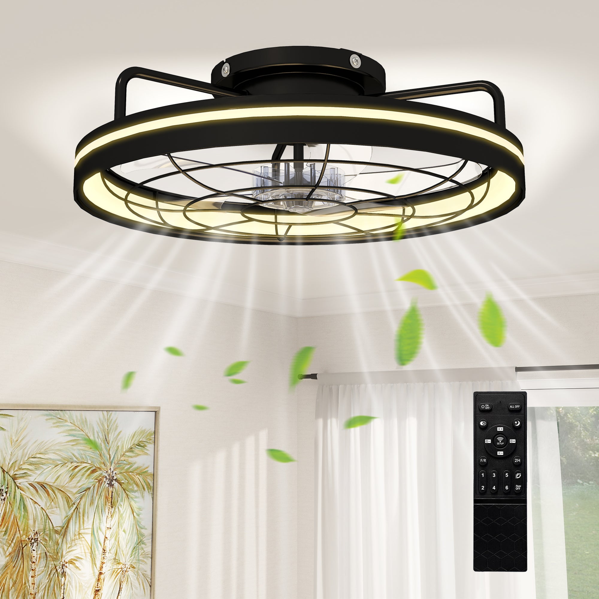 HOMCOM Deckenventilator mit Licht und Fernbedienung, 48 cm, 40W LED-Deckenleuchte & Ventilator, 3 Farbtemperaturen, Timer, 6 Stufen, dimmbar, leiser DC-Motor, schwarzer Schirm