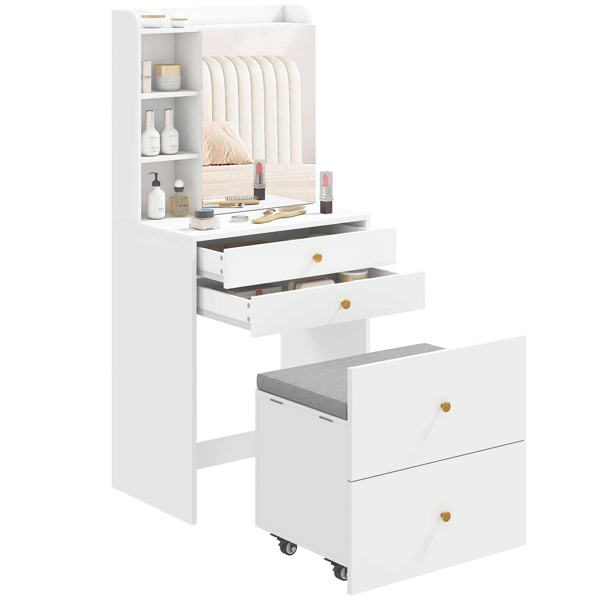 Coiffeuse HOMCOM avec miroir et tabouret roulant de rangement, armoire, tiroirs et étagères ouvertes, tabouret rembourré effet lin, gain de place, moderne, blanche