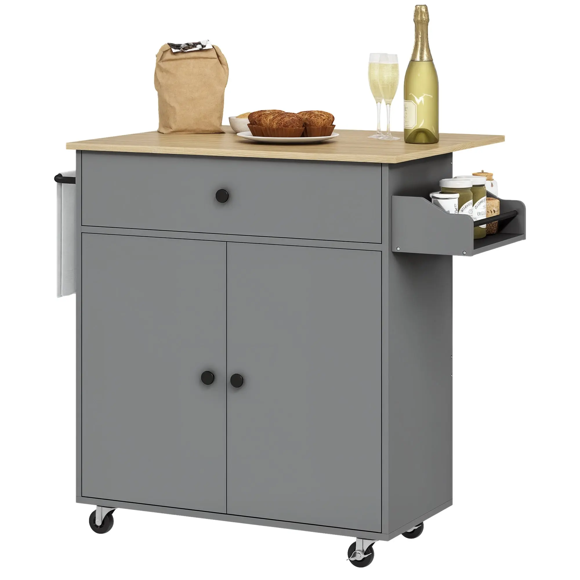 Kitchen Island with Foldable Leaf Kitchen Cart Kitchen Utility Cart with Wheels 2 Doors Drawer Spice Rack Towel Rack and Adjustable Shelf 106x42x87 cm Gray and Oak