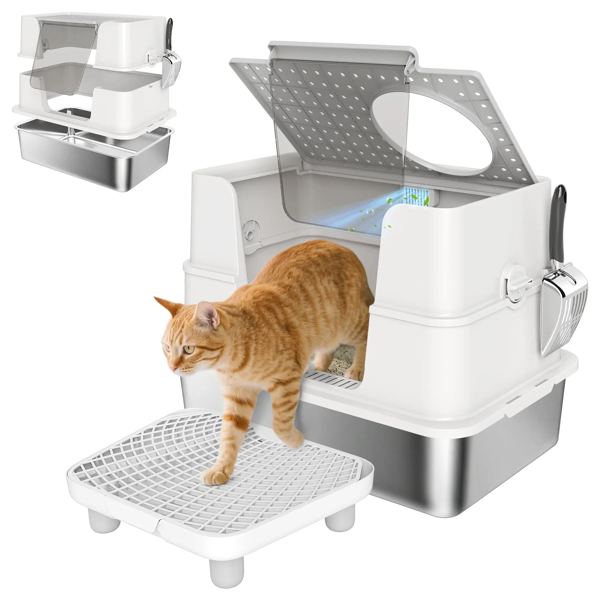 XL Stainless Steel Litter Box, Large Cat House with 100° Flip-Top Lid, Pedal & Anti-Scatter Filter Mat, 2 Entrances, Scoop, 23.7 x 15.8 x 17.5 in (60.2 x 40.2 x 44.5 cm), Light Gray