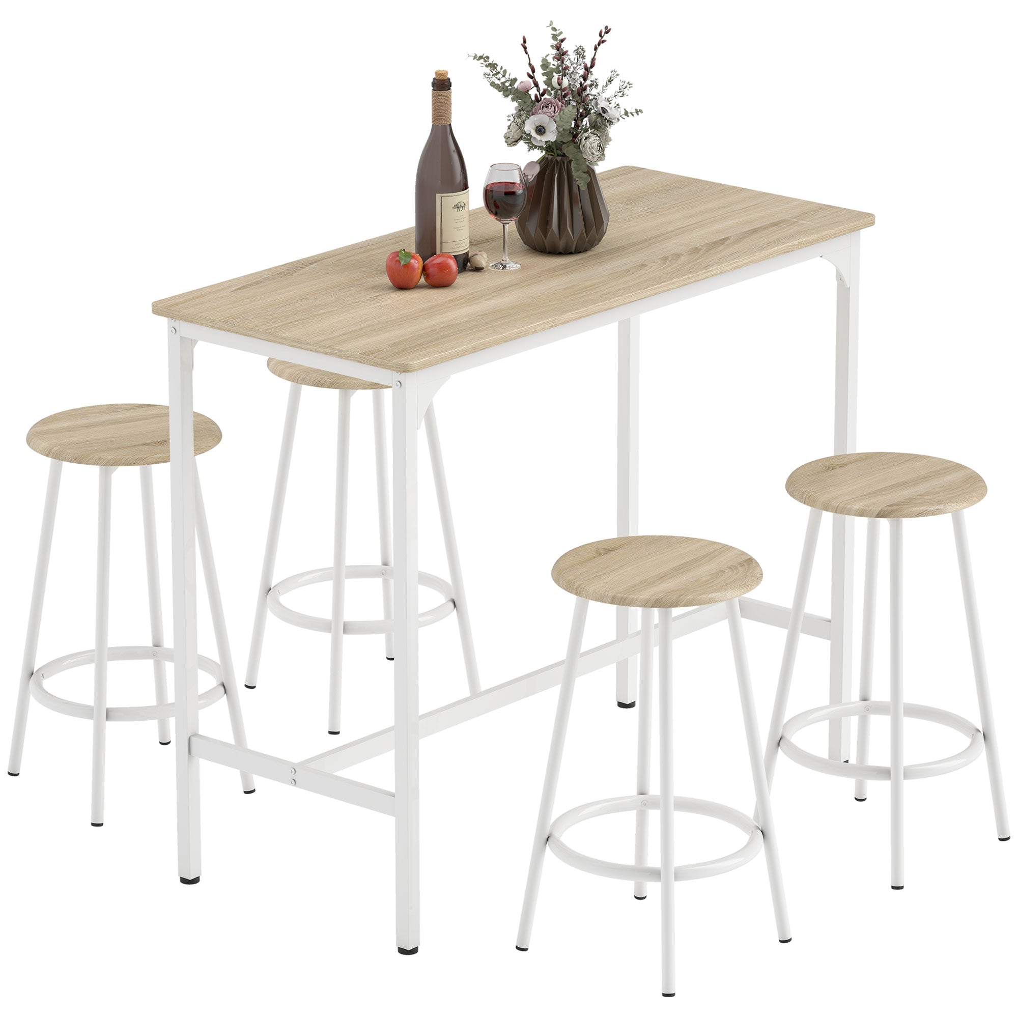 HOMCOM Bartisch-Set (5-tlg.) mit 4 Hockern — Hoher Küchen-/Esstisch mit Fußstützen, modernes Metallgestell, Holzoptik