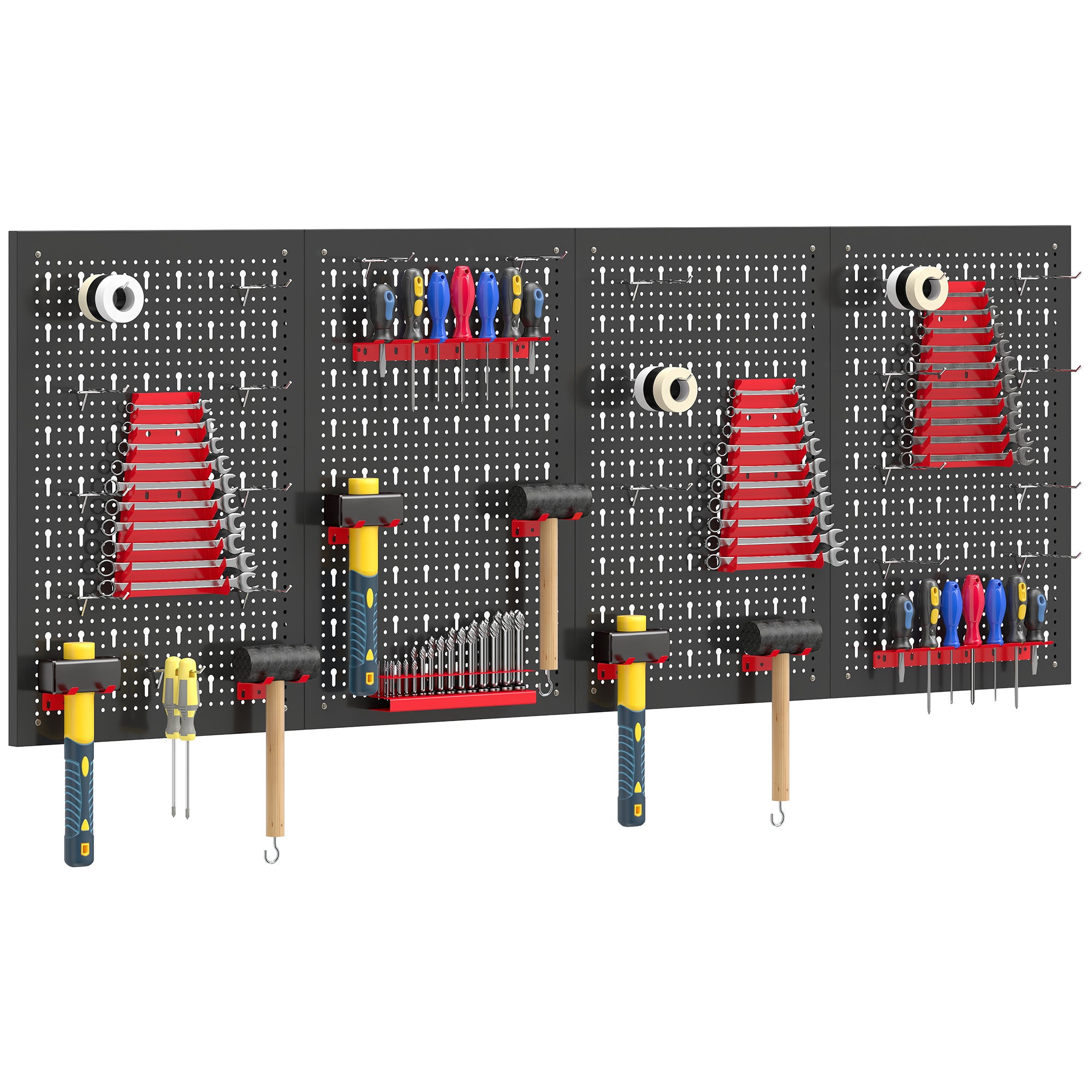Système de rangement mural HOMCOM en panneaux perforés — 4 panneaux 60 × 40 cm, organiseur d'atelier 38 pièces, noir/rouge