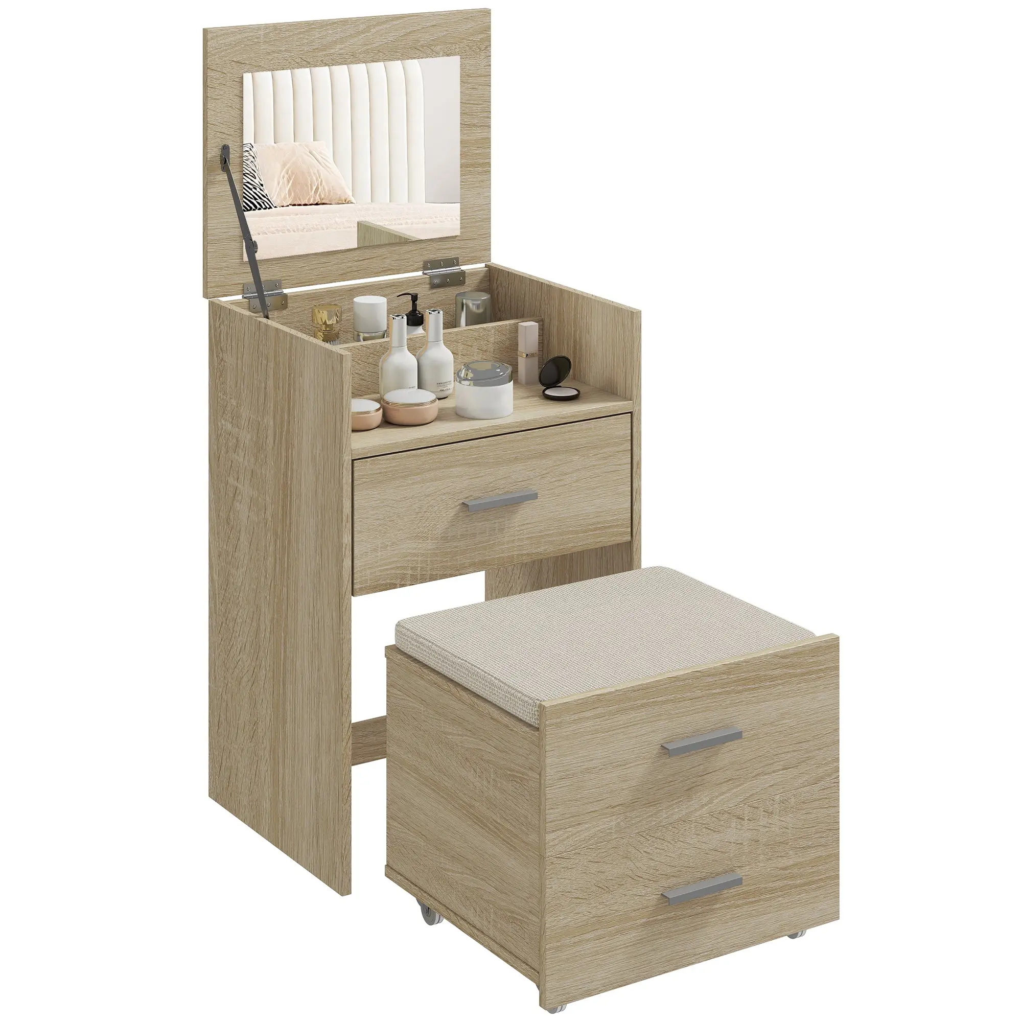 Flip-Mirror Vanity with Pull-Out Rolling Stool, Drawers, Removable Washable Linen-Effect Cushion, Compartments, Space-Saving — Natural Wood