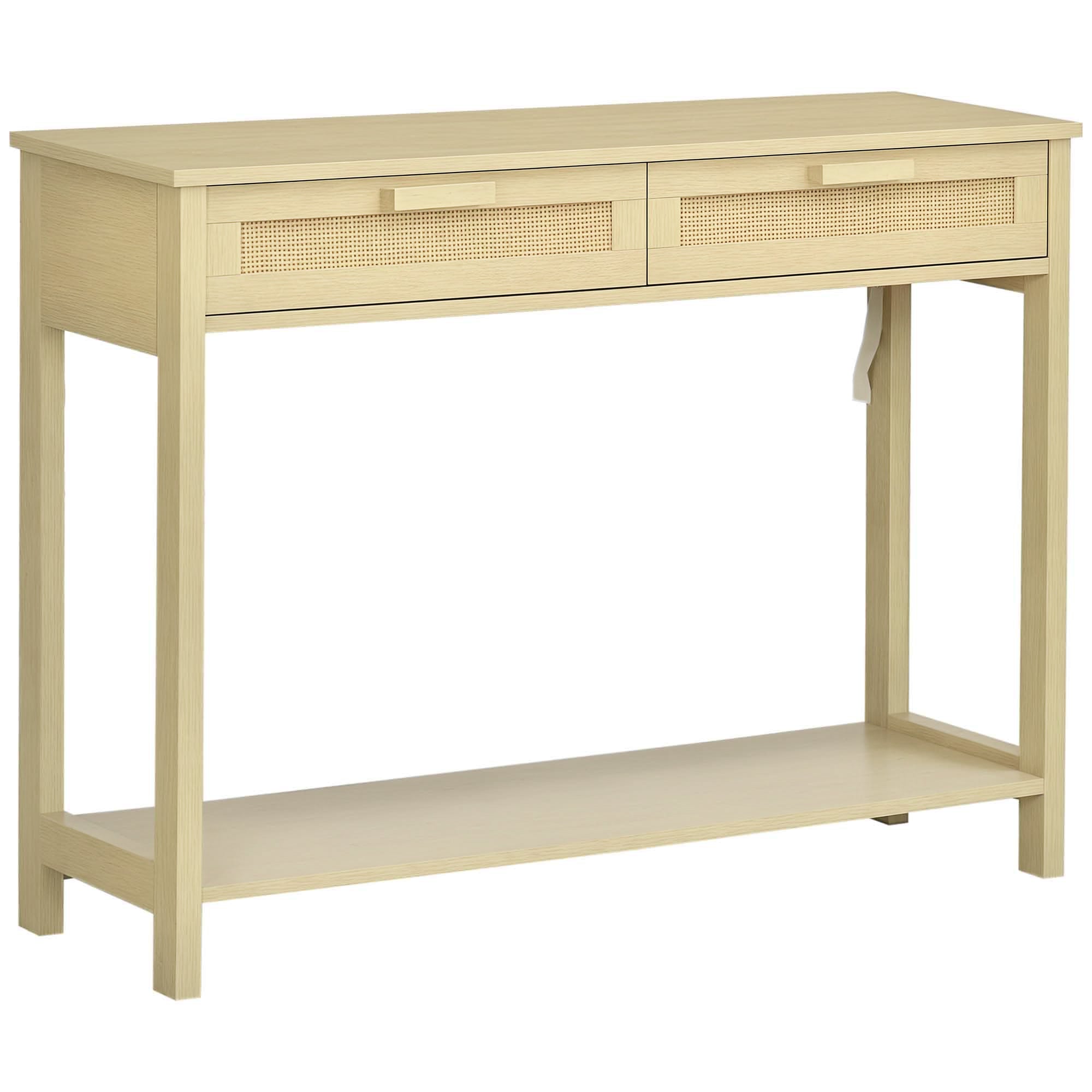 Table Console HOMCOM pour Entrée avec 2 Tiroirs, Surface en Rattan et Étagère Inférieure pour Couloir, Salon, Chambre, Style Rustique 100x30x76 cm Naturel