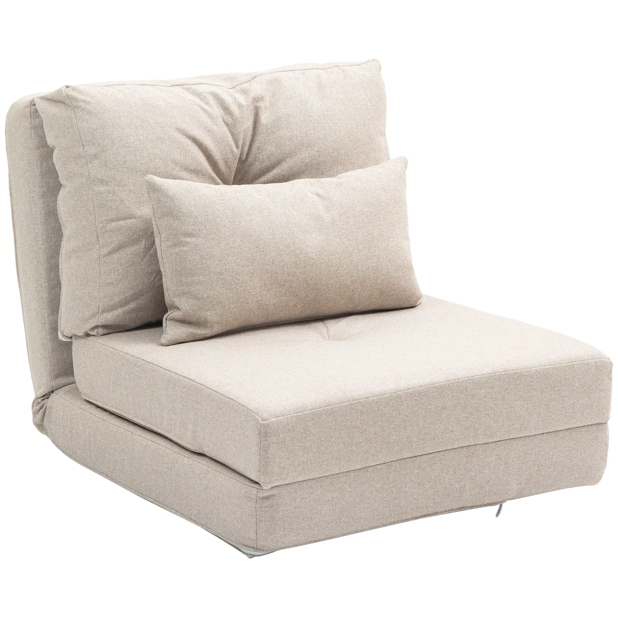 Single Convertible Chair Lazy Chair Lounger Bed - Includes Cushion, Adjustable Backrest - Living Room, 120 kg Load Capacity, Beige Linen Fabric