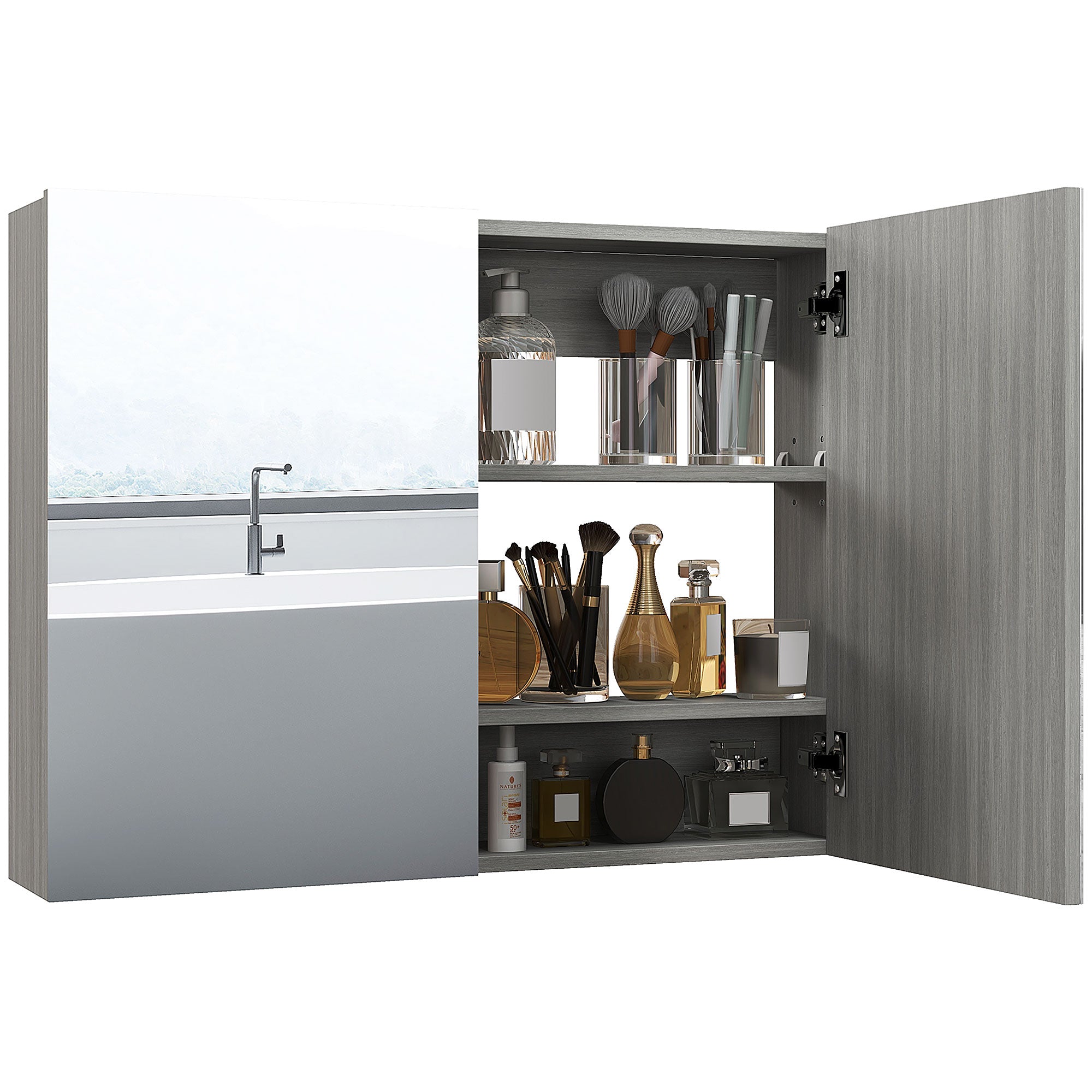 HOMCOM Wand-Spiegelschrank fürs Badezimmer, 80 x 15 x 60 cm, Doppeltüren mit verstellbaren Einlegeböden, Grau