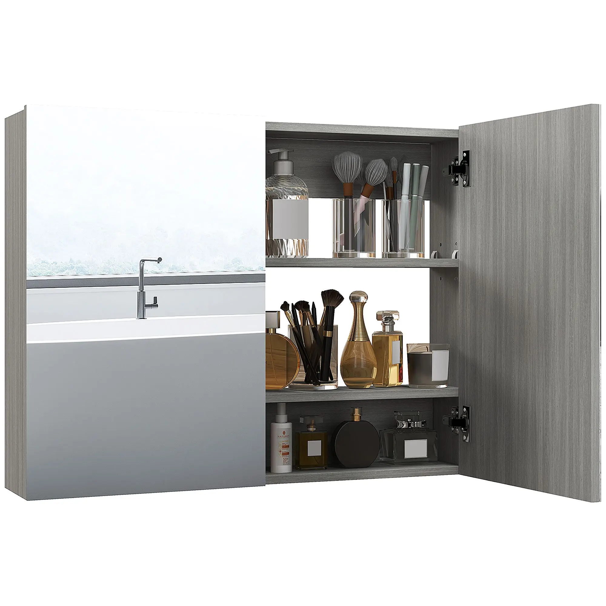 Wall-Mounted Bathroom Mirror Cabinet, 31.5 x 5.9 x 23.6 in, Double Doors with Adjustable Shelves, Grey
