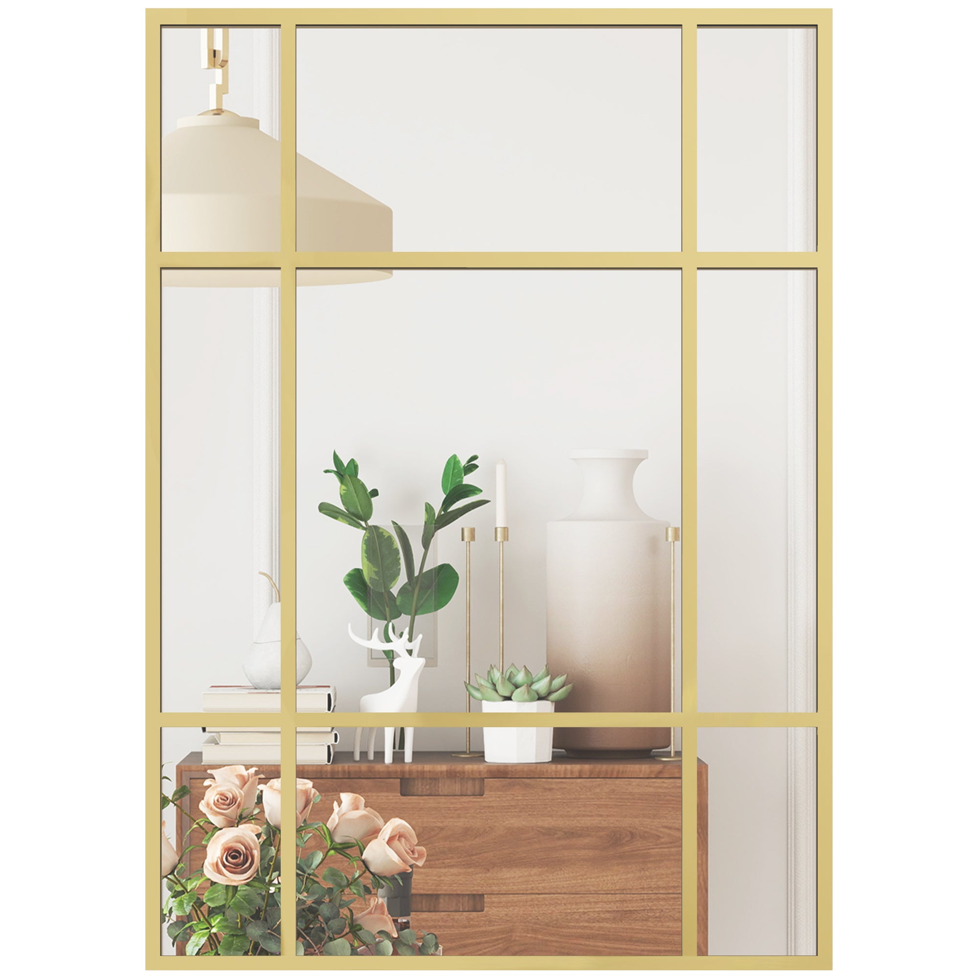 Rectangular Wall Mirror, 27.6 x 19.7 in (70 x 50 cm) — Window-Style Metal Frame, Decorative, Gold