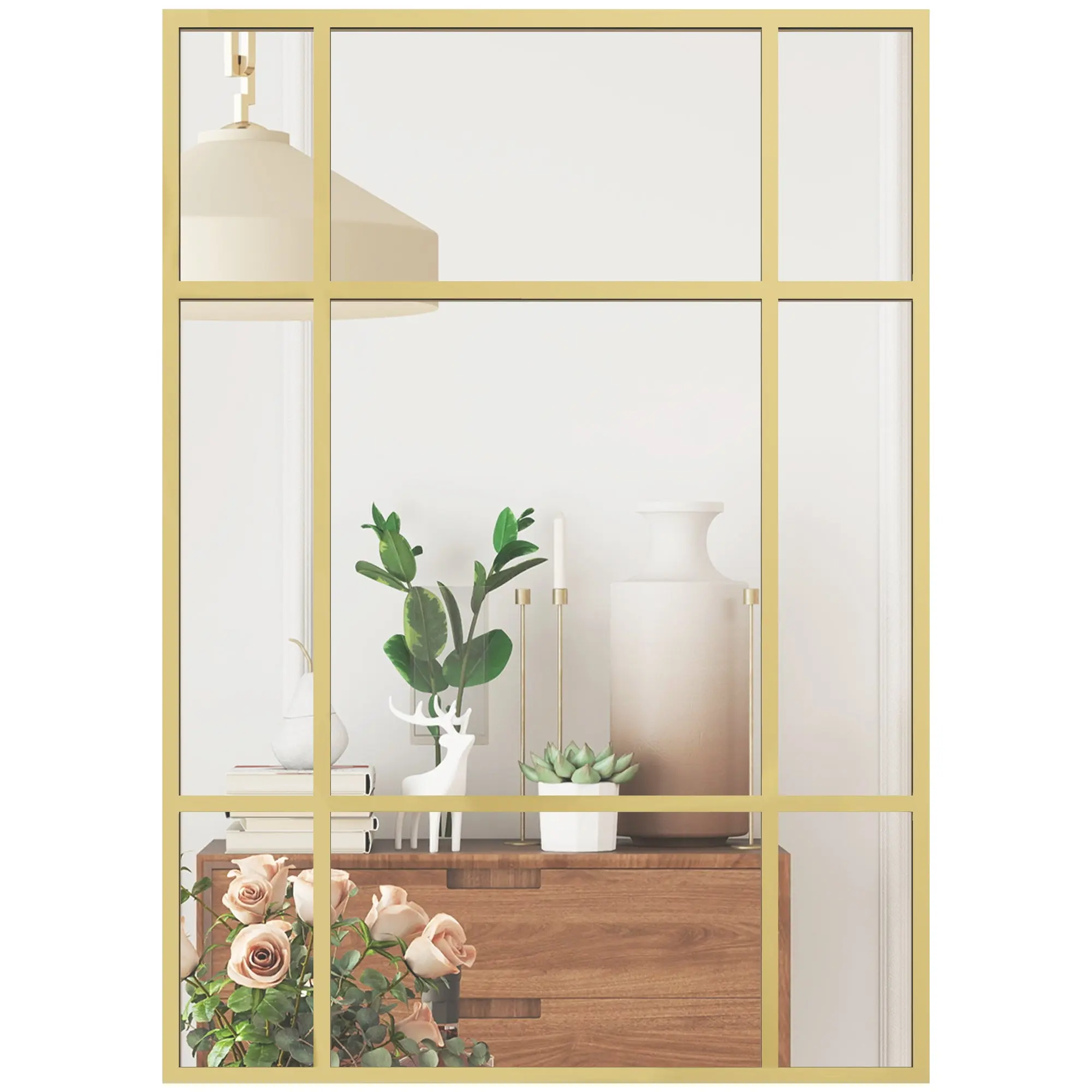 Rectangular Wall Mirror, 27.6 x 19.7 in (70 x 50 cm) — Window-Style Metal Frame, Decorative, Gold