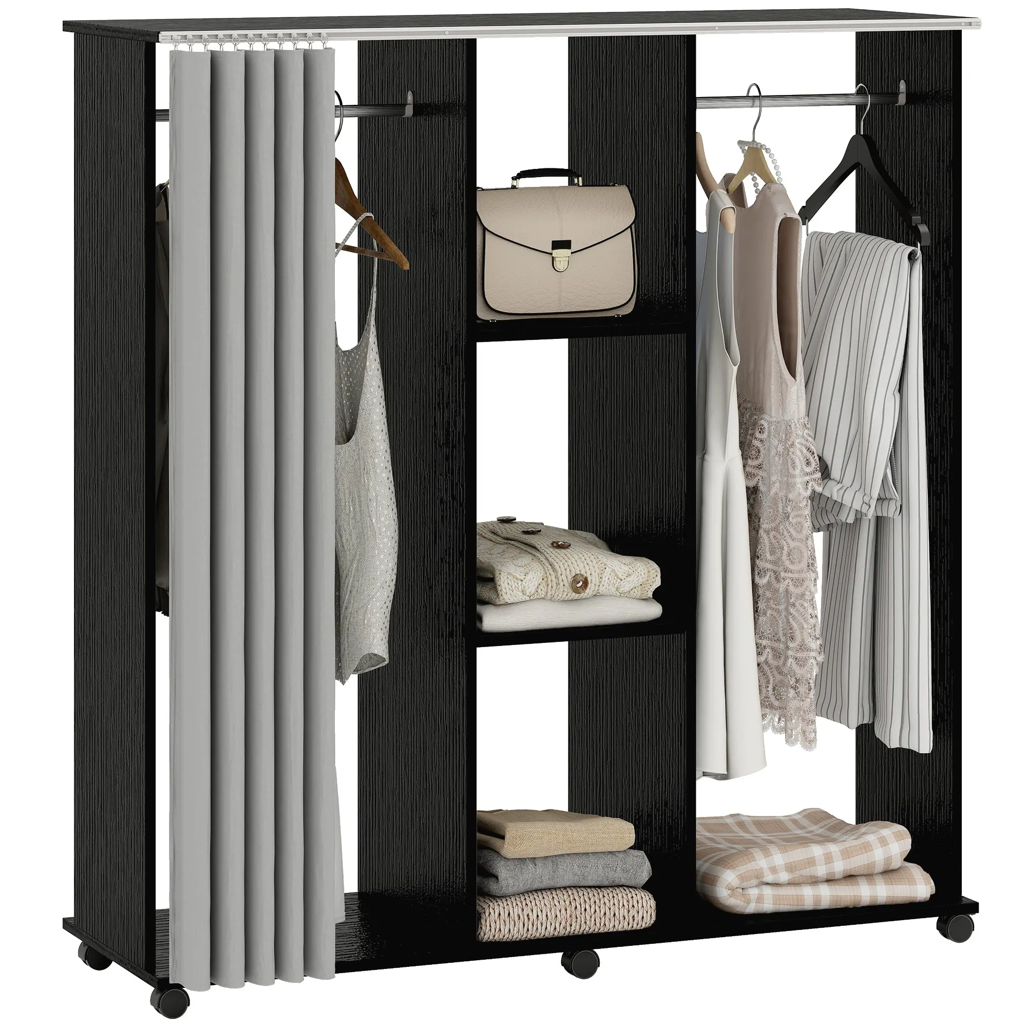 Wooden Mobile Double Wardrobe Storage Cabinet with 6 Casters, Black — 47.2 x 15.7 x 50.4 in