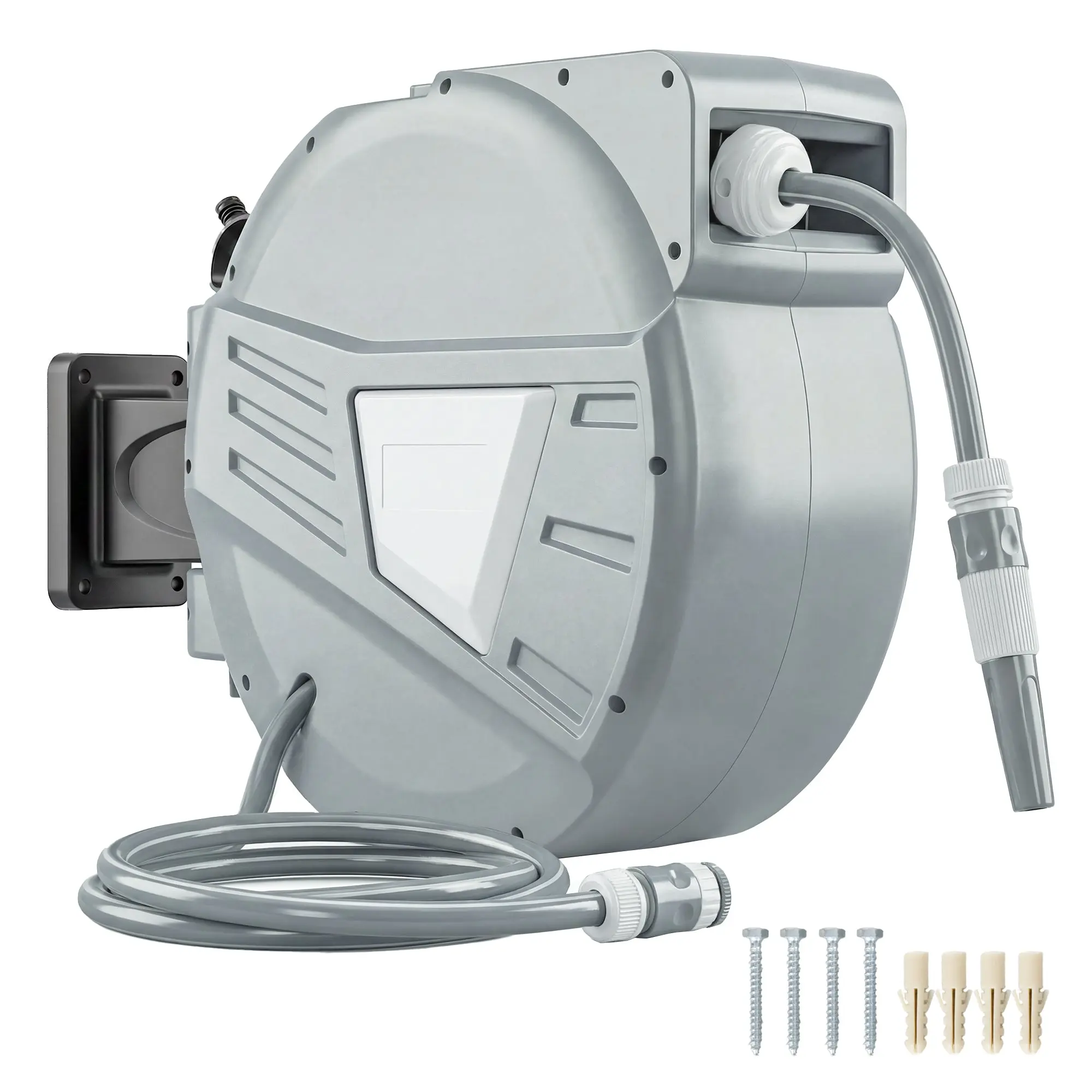 Wall-Mount Retractable Garden Hose Reel 66 ft + 5.2 ft, 1/2" (≈15 mm), 180° Swivel, Auto-Lock, Slow Retract, Dual-Mode Nozzle, Gray