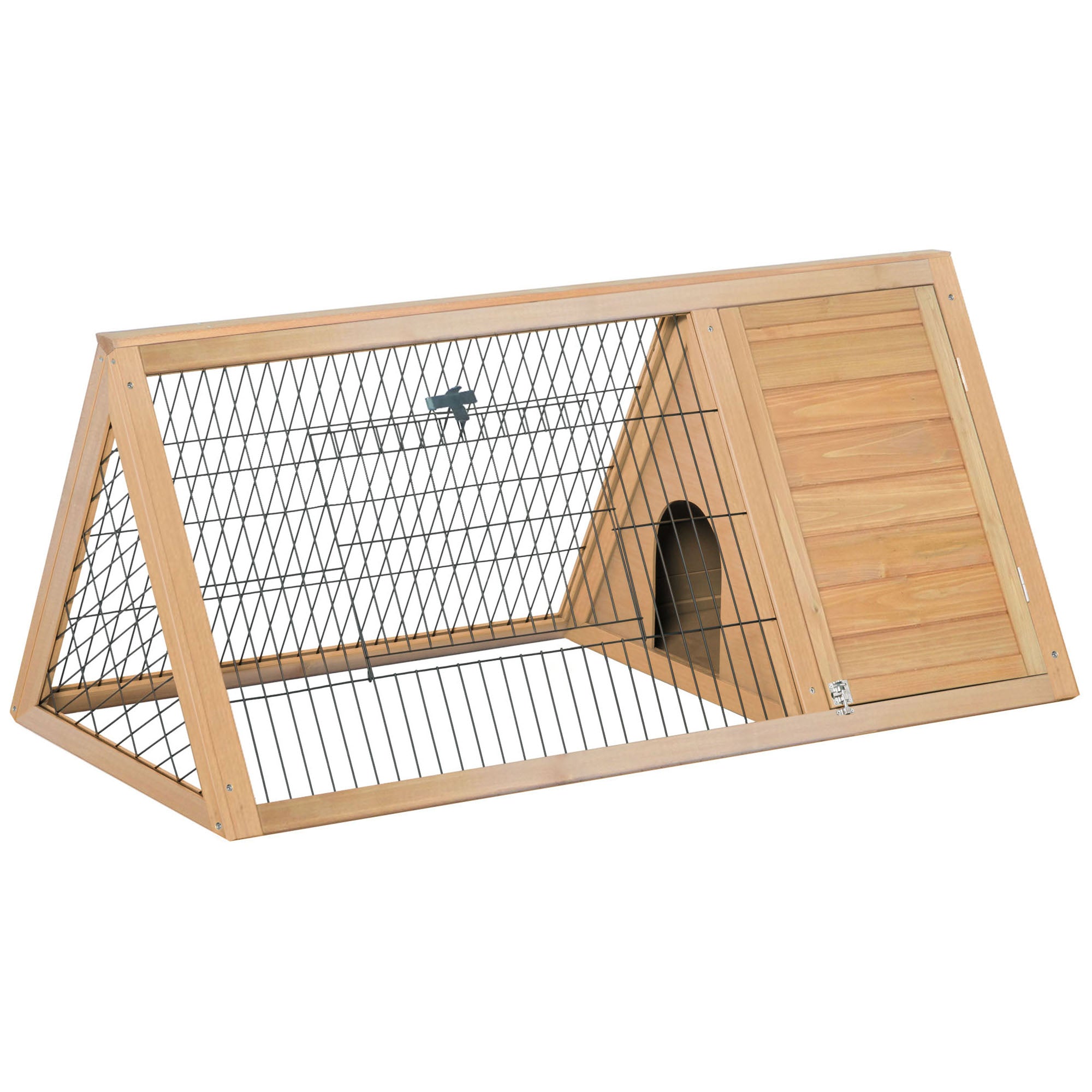 PawHut Dreieckiger Kaninchenstall aus Naturholz 116x62,2x52,5 cm mit Türen und Drahtgeflecht