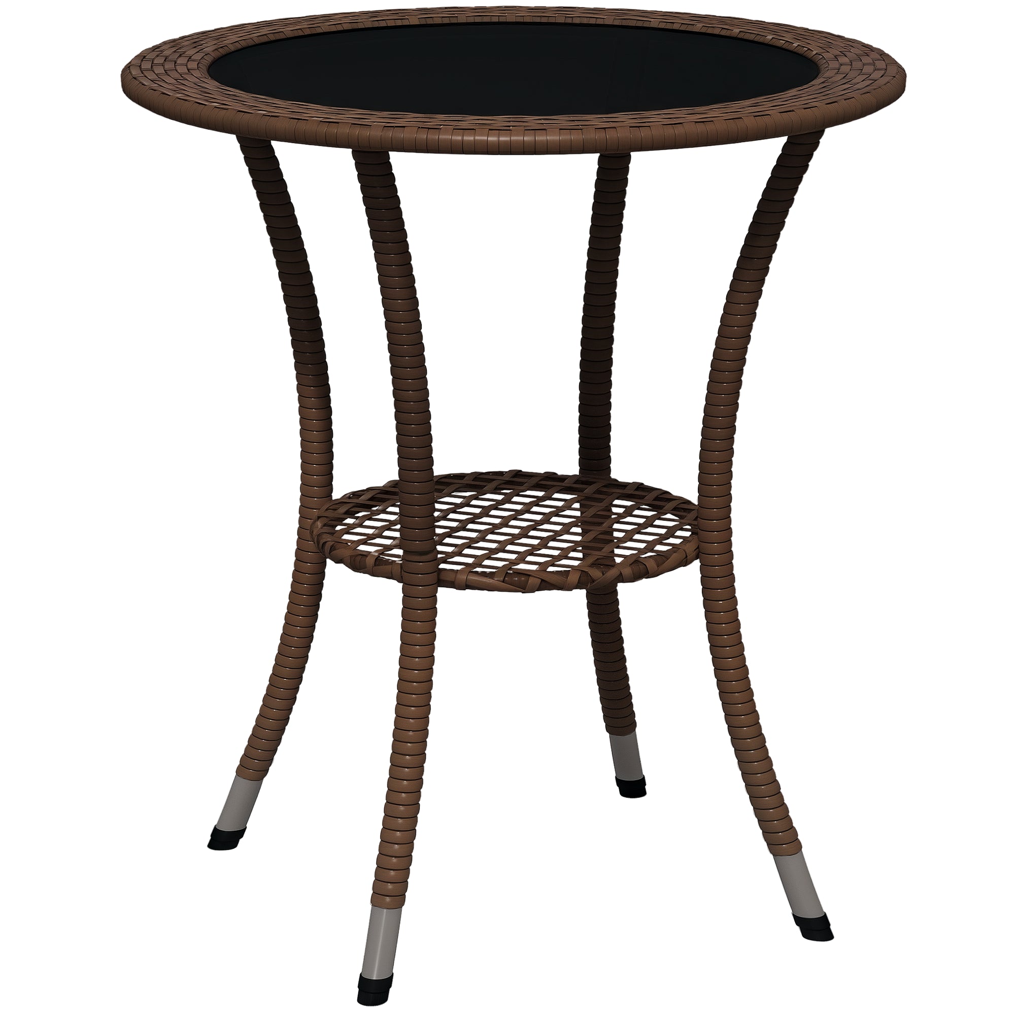 Outsunny Ronn Rattan Dësch Ø64x71 cm Gaartdësch mam Regal Stahlrahmen a Glastop, Last 50 kg fir Terrasse Patio Braun