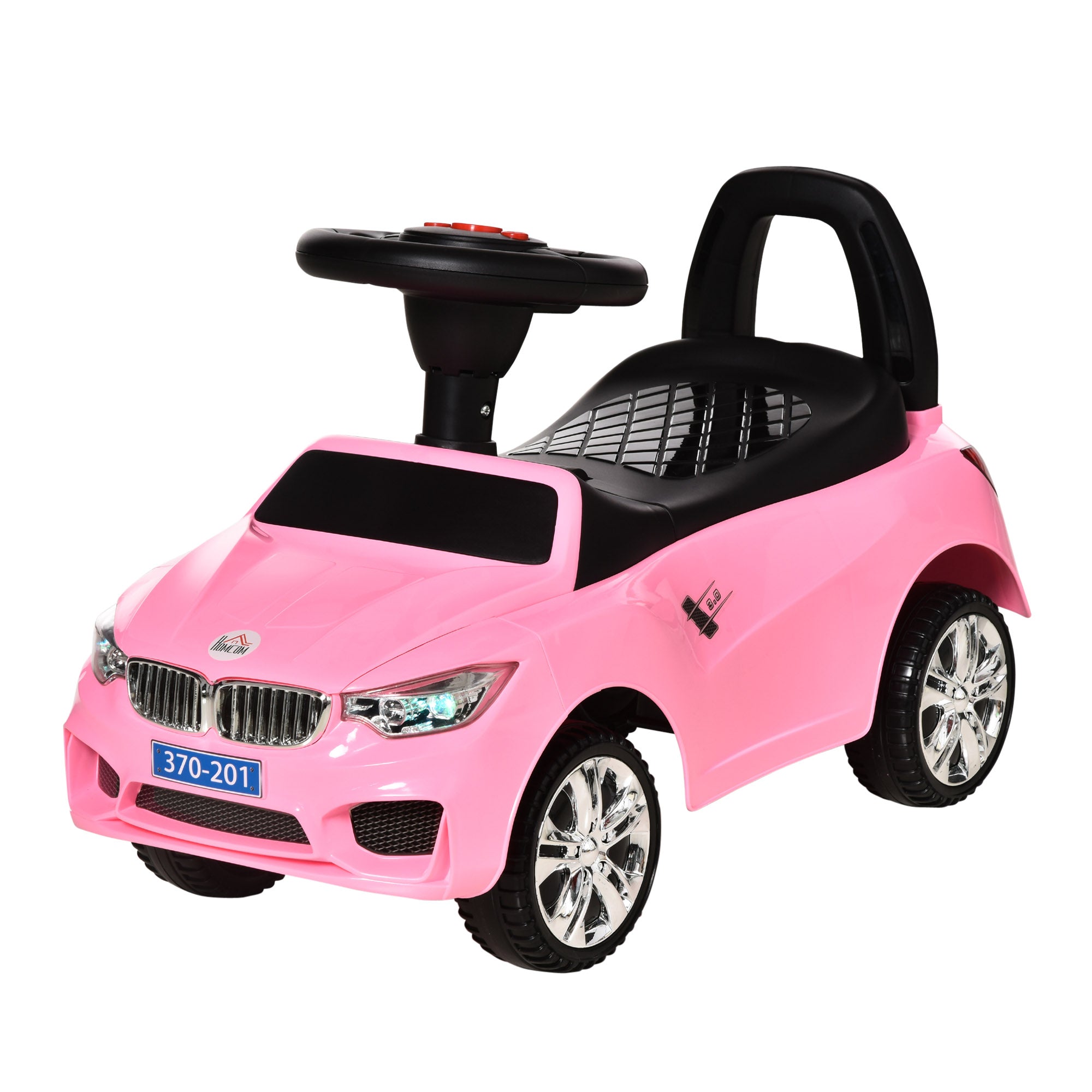 HOMCOM Rotaļu Auto Bērniem 18-36 Mēneši – Staigājošs Rotaļu Auto ar Lukturiem, Mūziku, Dūri un Nesošo Rokturi 63.5x28x36 cm Rozā