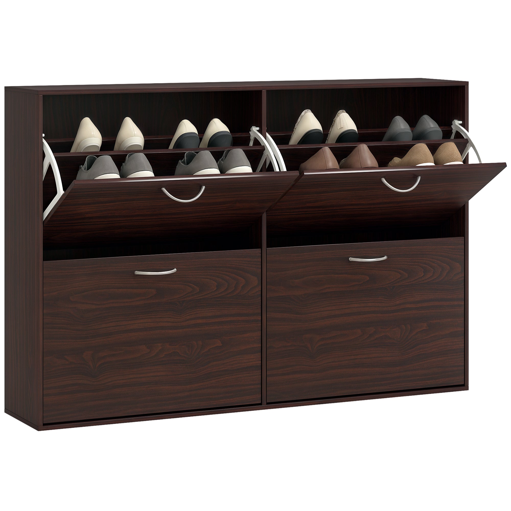 Slim Entrance Shoe Cabinet with 4 Flip Doors, Modern Shoe Cabinet for 24 Pairs of Shoes with Adjustable Shelves, Wooden Shoe Rack, 120x24x81cm, Brown