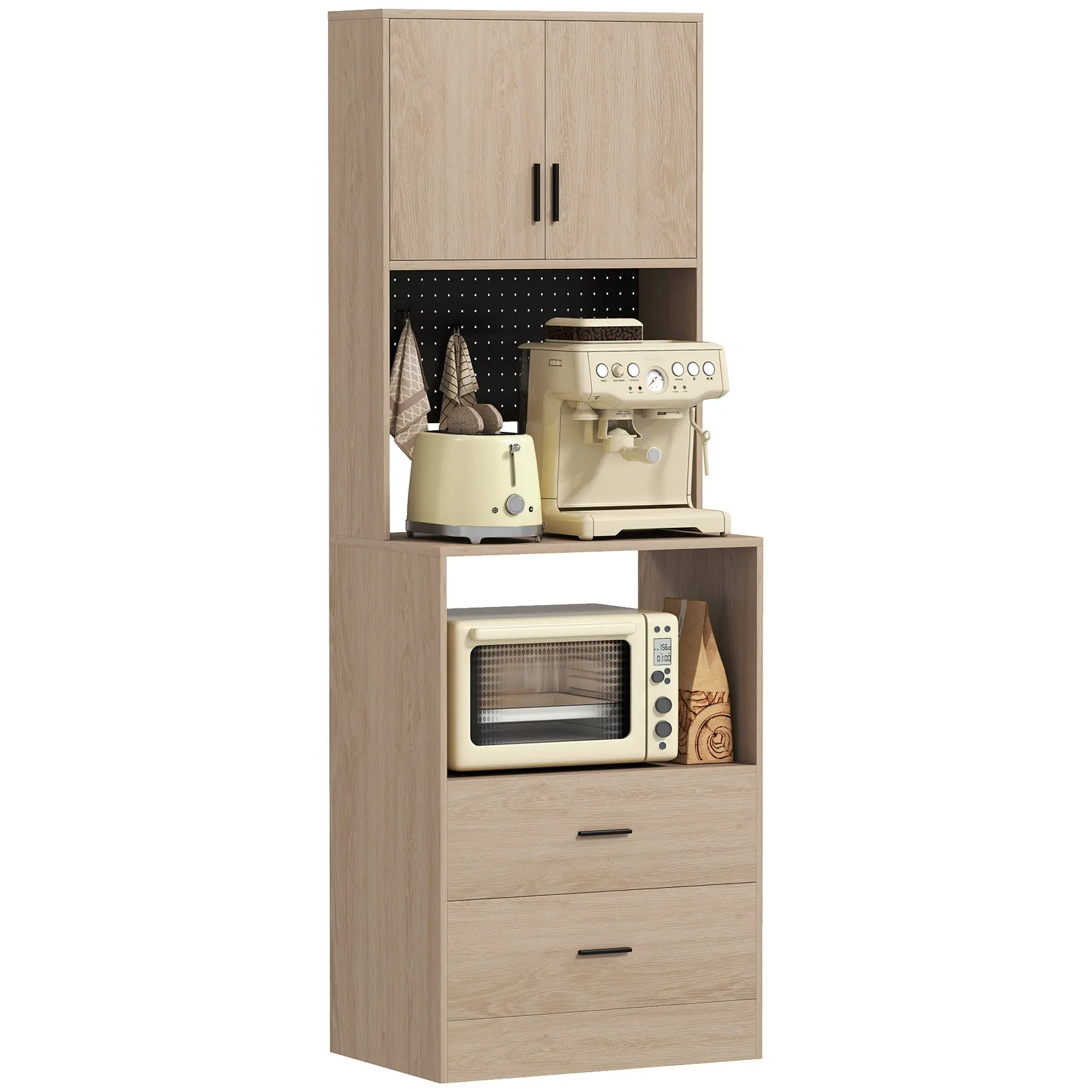 Microwave Cabinet with Worktop, 2 Drawers & Adjustable Shelf, Natural Wood