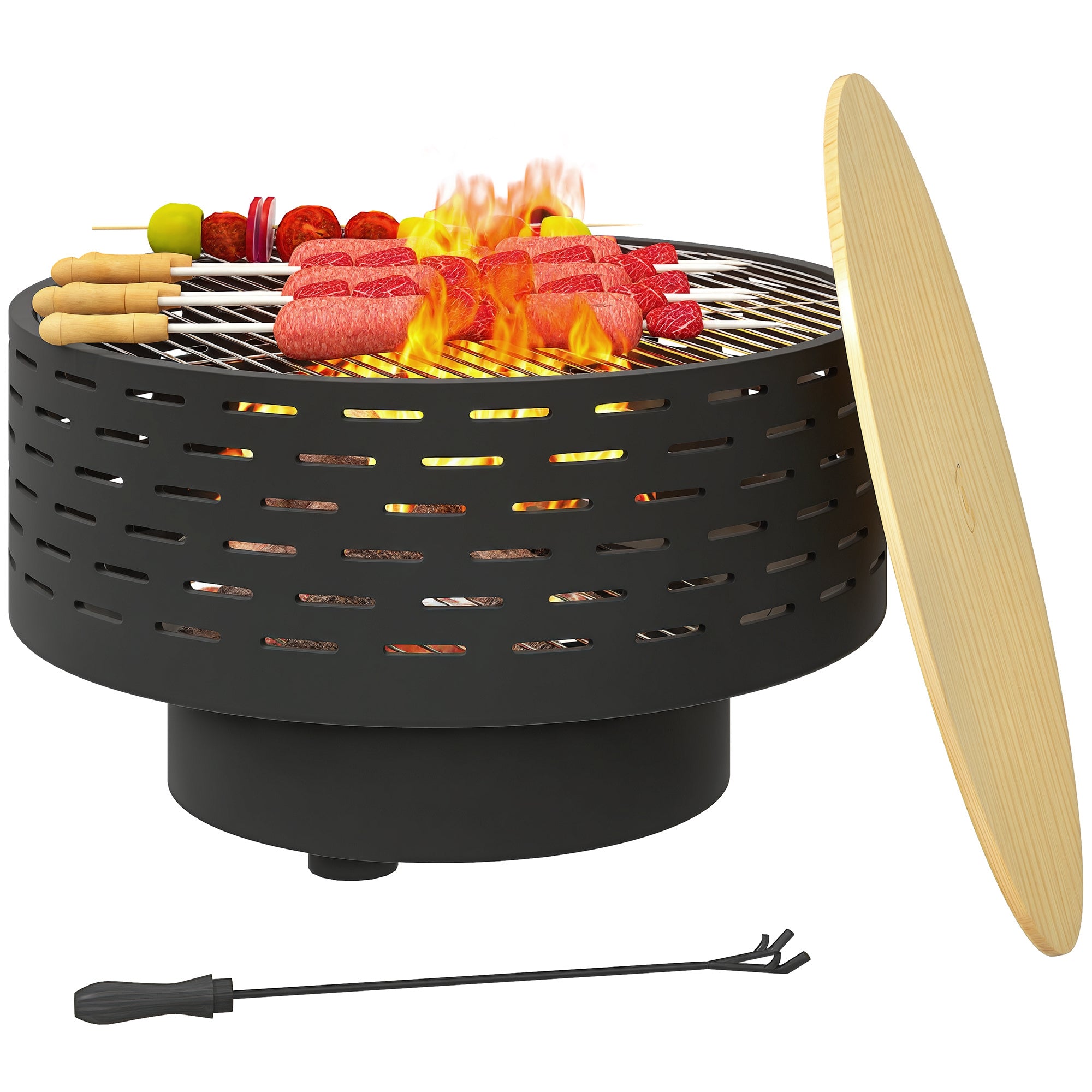 Outsunny 3-u-1 vatrogasna jamica Ø60 x 39cm Izdržljiva čelična vatrogasna jamica s roštiljem, štapićem za vatru i zaštitnim ekranom u drvenom izgledu za vrt, balkon, terase, vanjsko roštiljanje, kampi