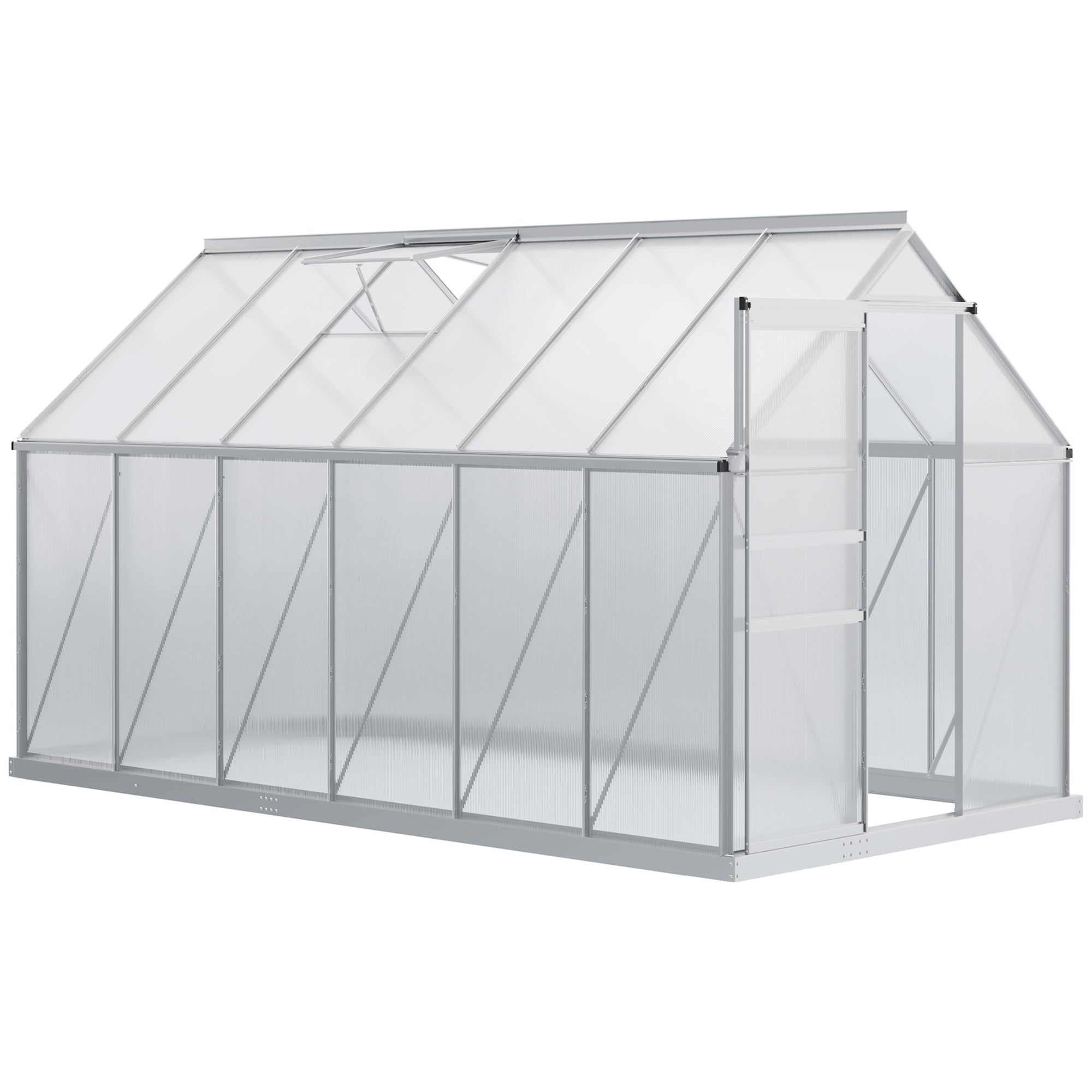 Outsunny Aed Köetav Kasvuhoone Polükarbonaadiga 7.1 m², mõõdud 1.9L x 3.75W x 1.99H koos Alusega, Reguleeritava Katuseakna ja Libiseva Uksega - Hõbe ja Ahnus