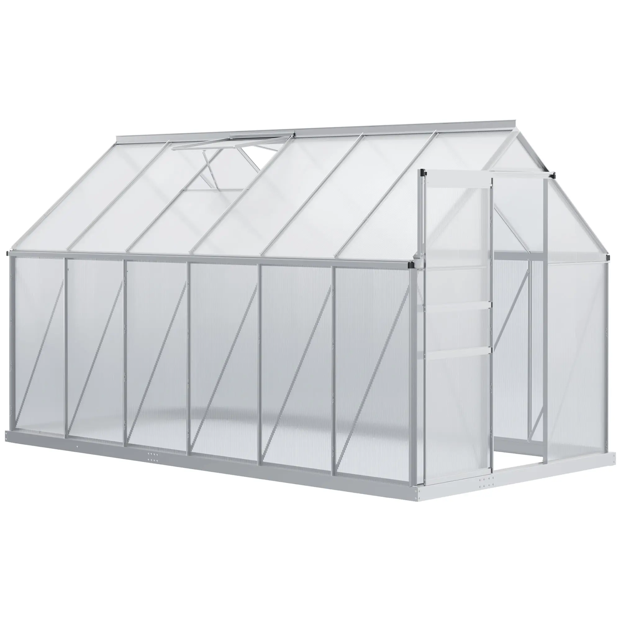 Garden Greenhouse with Polycarbonate 7.1 m? dim. 1.9L x 3.75W x 1.99 H with Foundation, Adjustable Skylight, Sliding Door - Silver and Transparent