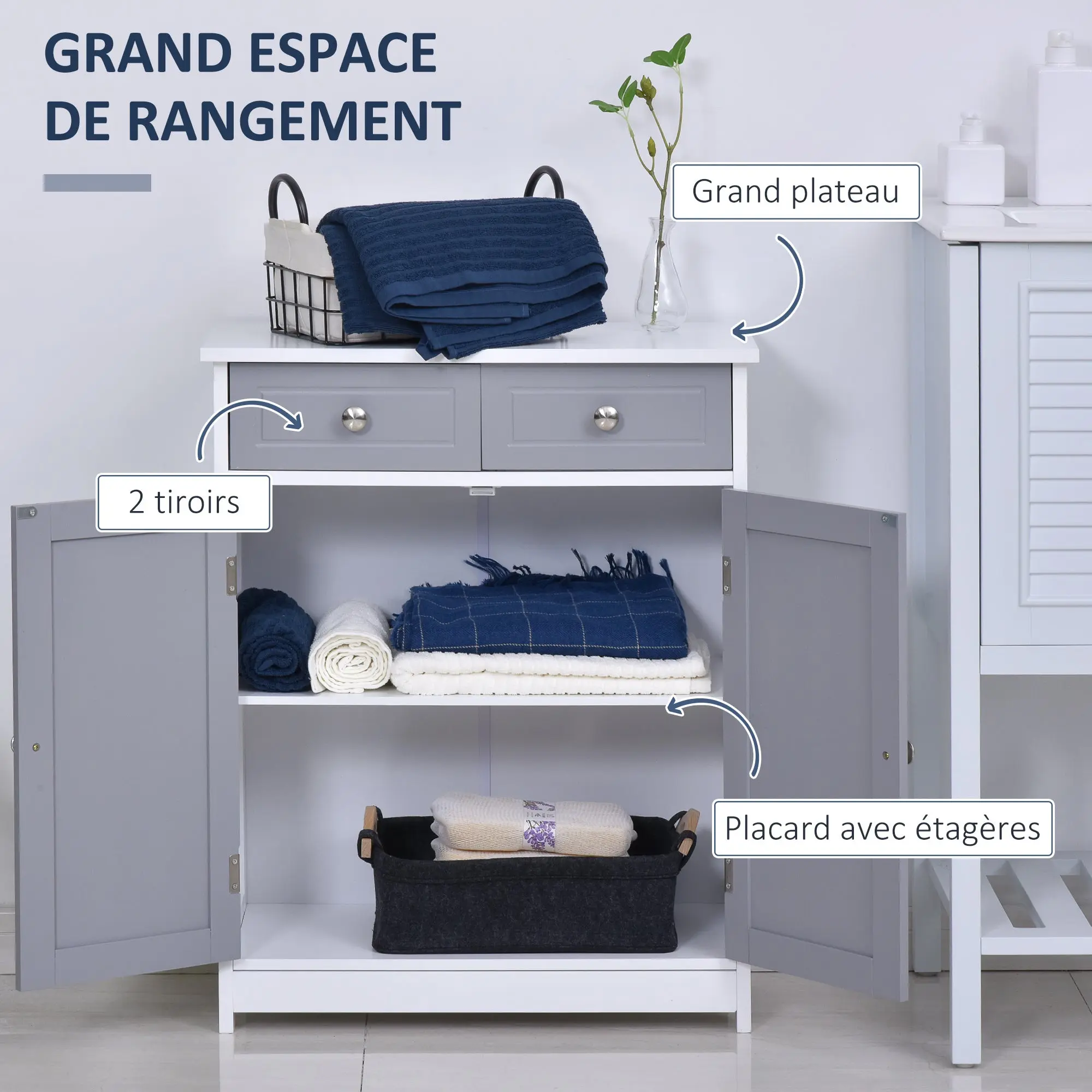 Storage Cabinet, Bathroom Cabinet, Cupboard with 2 Doors 2 Drawers - 60 x 30 x 75 cm - Gray and White