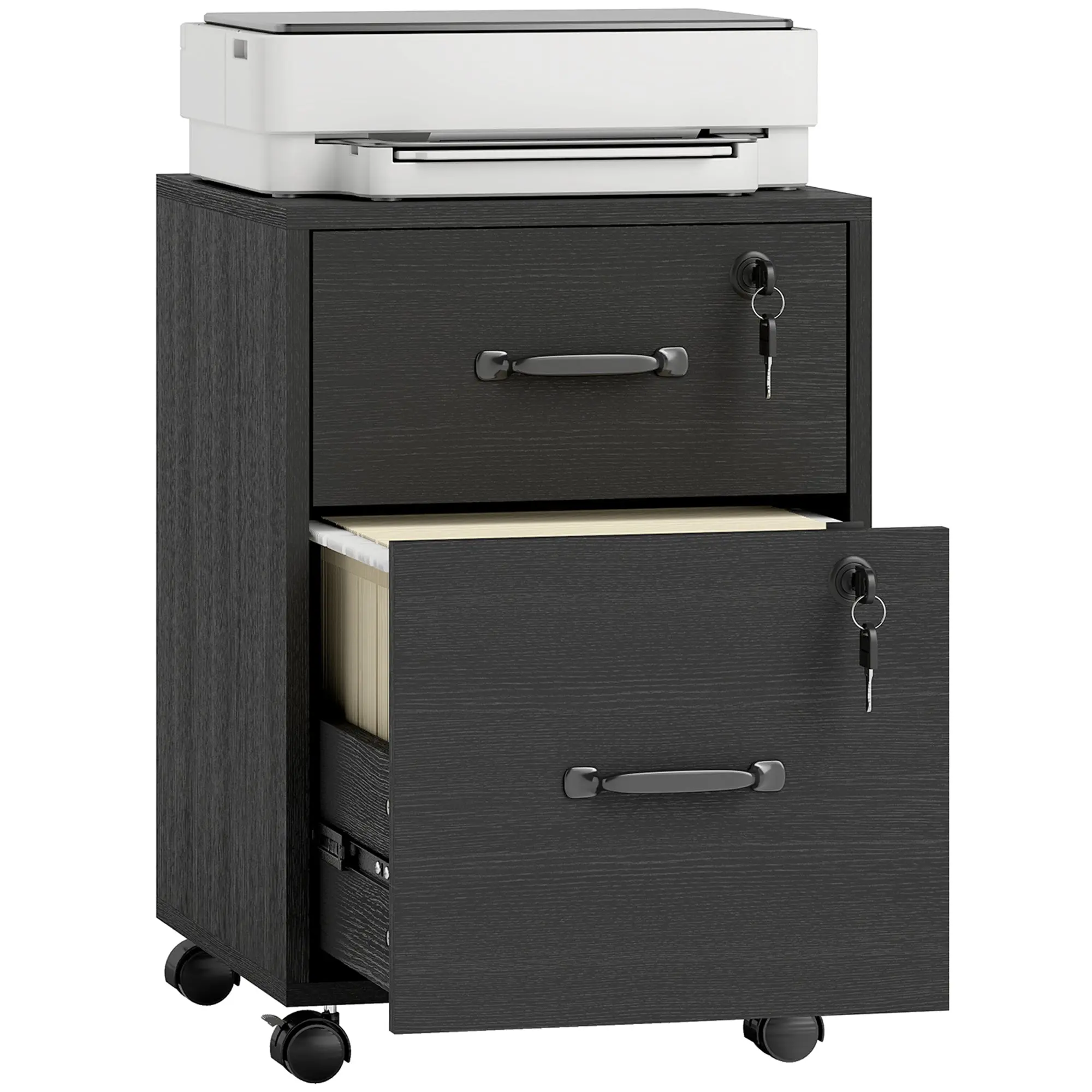 Mobile Filing Cabinet with 2 Drawers — Rolling Office Storage for Letter Hanging Files & Printer, 15.7 x 15.7 x 21.3 in, Black