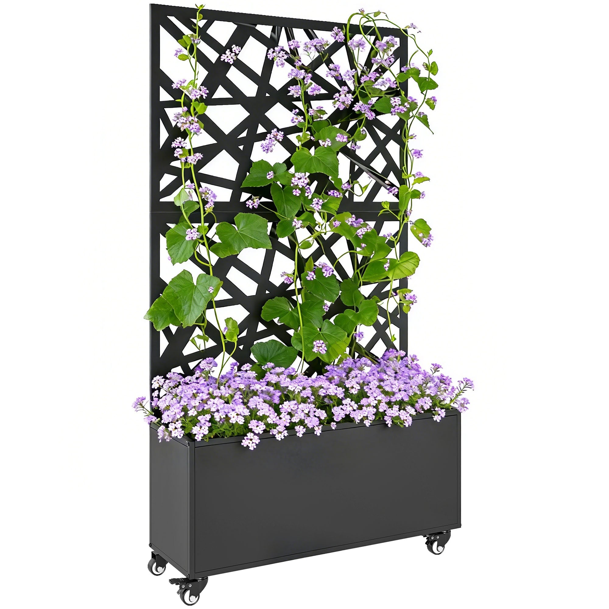 Rolling Raised Garden Bed with Trellis, Outdoor Metal Planter Box with Wheels & Drainage, Tall Privacy Screen for Climbing Plants, Patio Balcony Planter, Black
