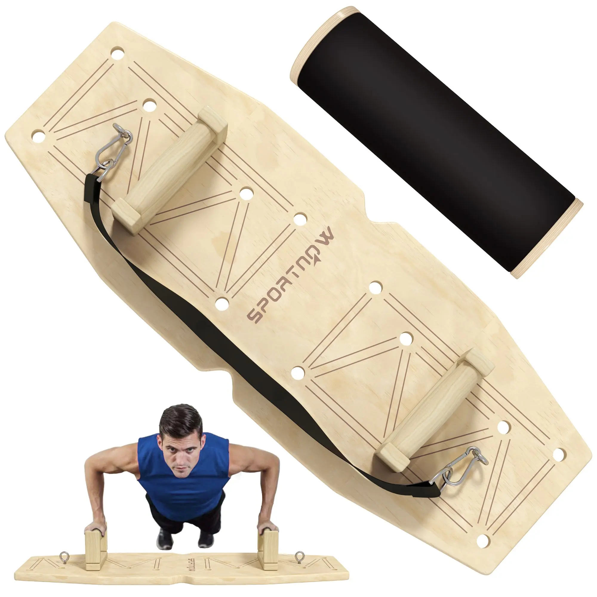 SPORTNOW Wooden Push Up Bars with 8 pairs of holes, including resistance bands, 11 exercises, Fitness Parallettes for muscle training, strength training Natural