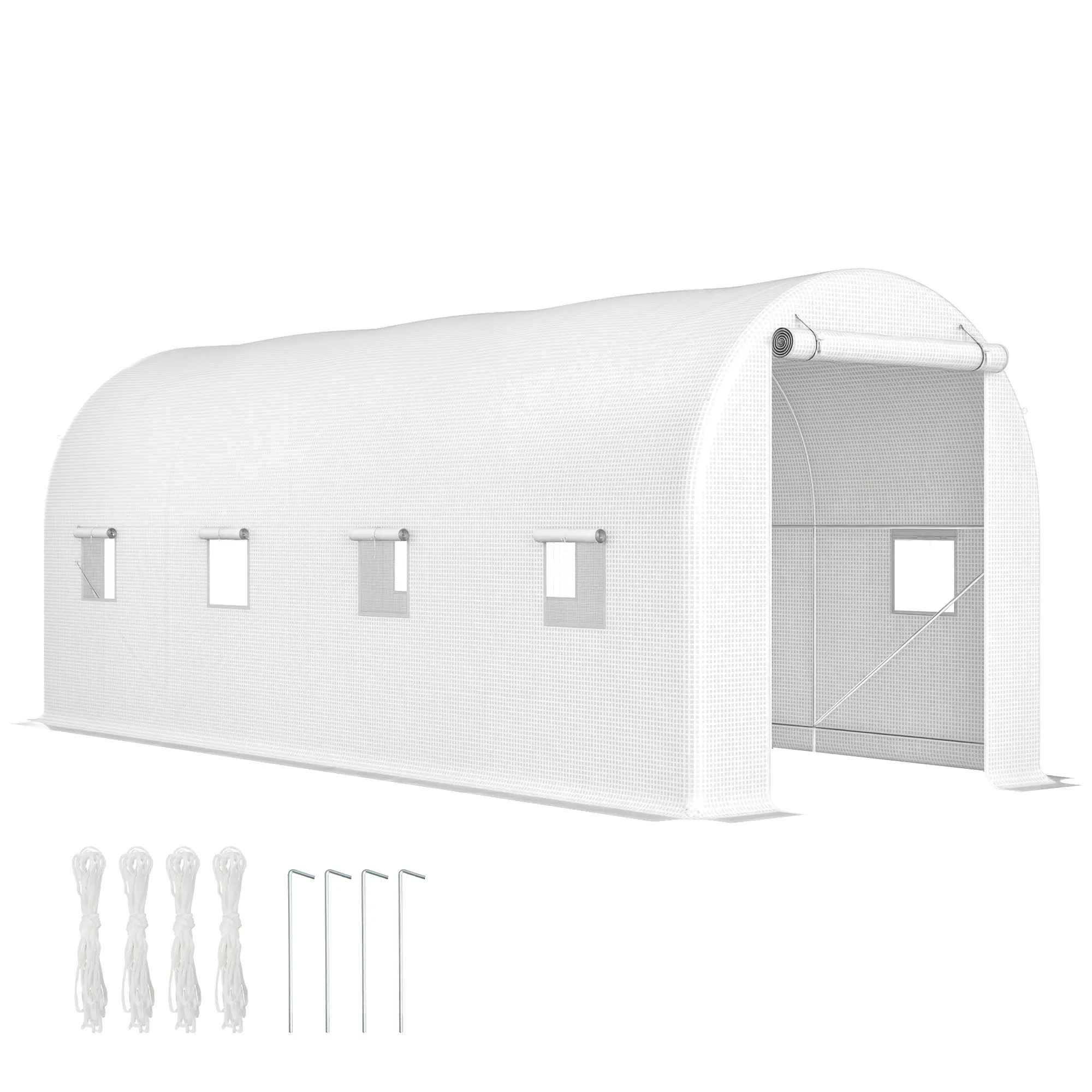Garden Tunnel Greenhouse 500x200x205 cm Greenhouse with Roll-Up Door and 8 Windows PE Cover 140 g/m? Metal Frame for Plant Vegetable Cultivation White