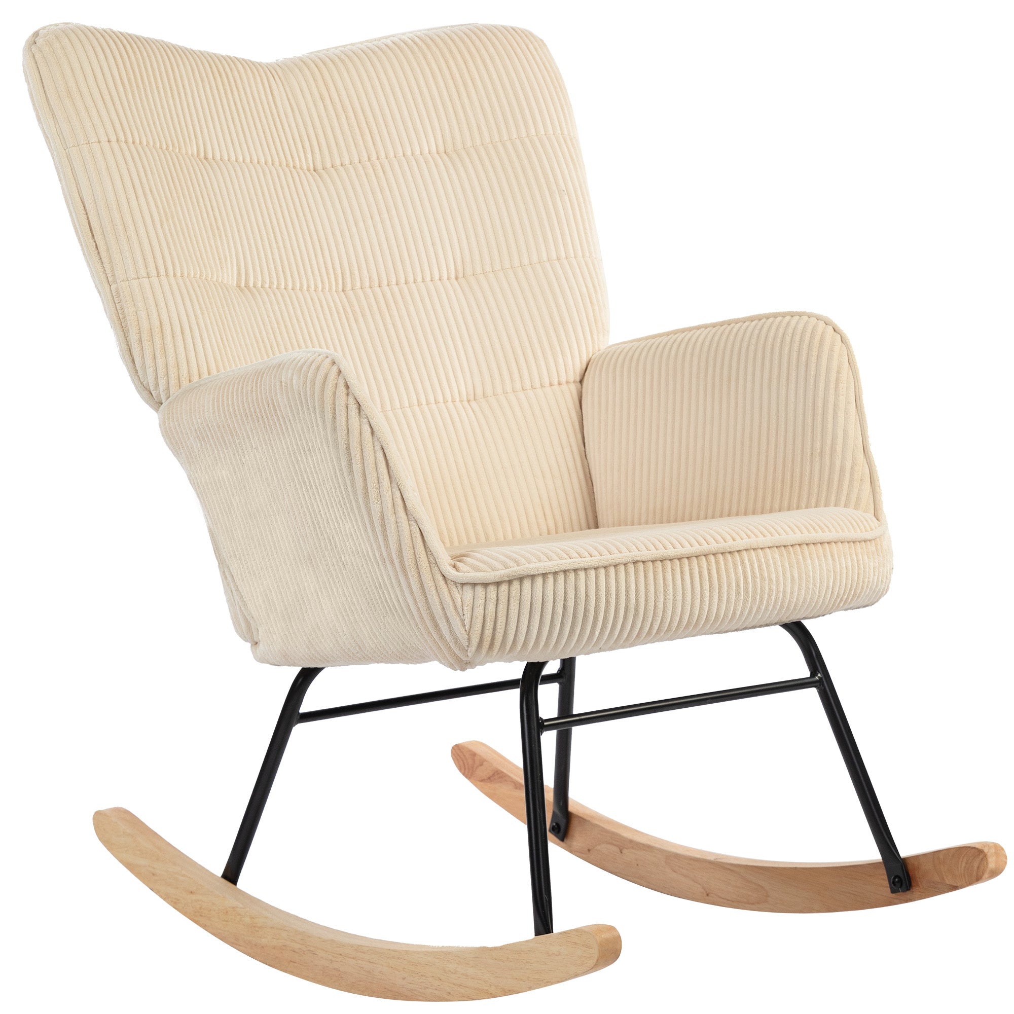Padded Corduroy Rocking Chair with Wooden Rockers and Armrests — Beige, Supports up to 265 lb