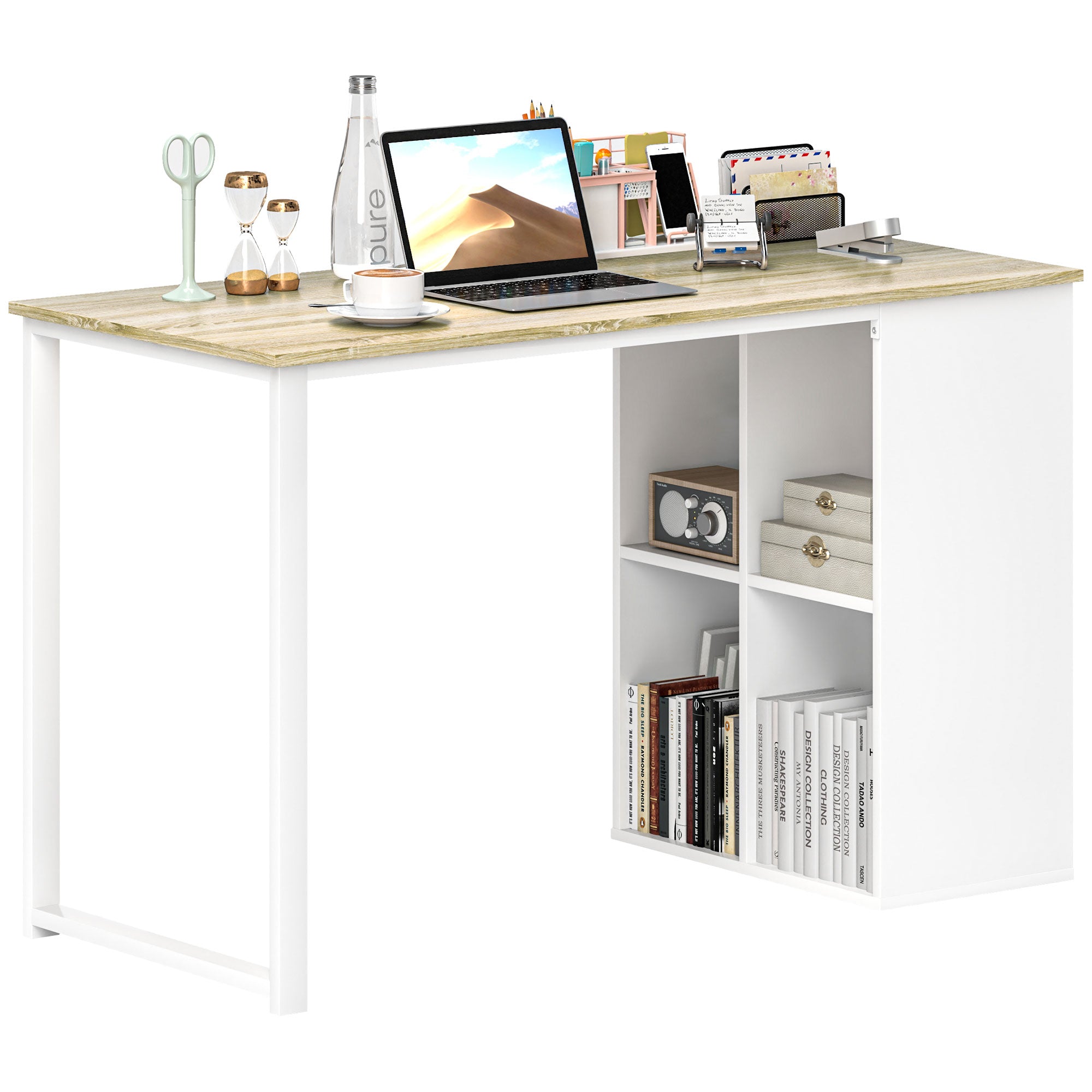 HOMCOM Számítógép Asztal 4 Nyitott Polccal, 120x54 cm Helytakarékos Irodai Asztal, Modern PC Asztal Tanulmányhoz Tölgy és Fehér Színben