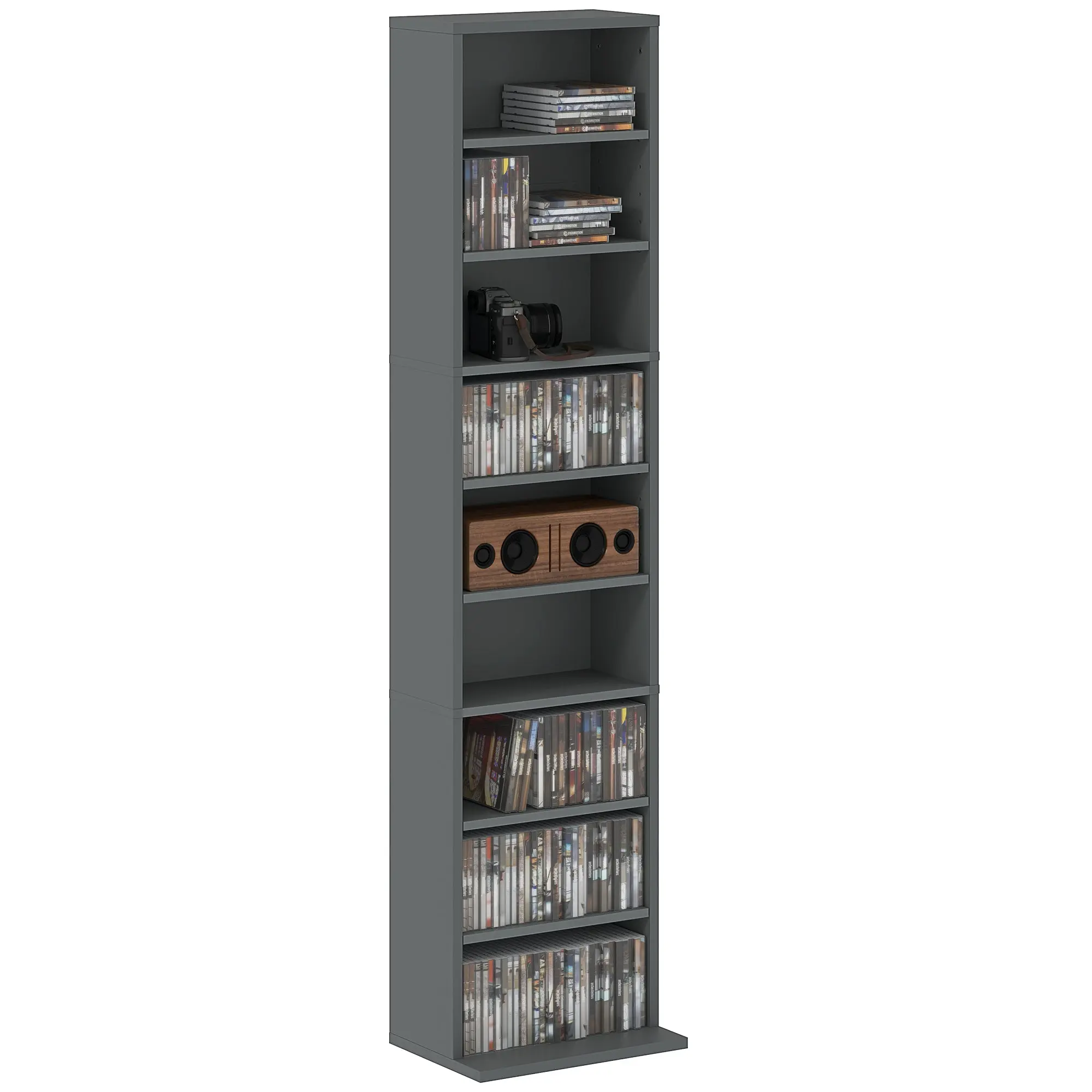 CD & DVD Storage Unit, Multimedia Organizer — Holds up to 260 CDs / 120 DVDs, 9 Compartments & 6 Adjustable Shelves, for Living Room/Bedroom/Office, 13 x 9.5 x 55.1 in (33 x 24 x 140 cm), Gray