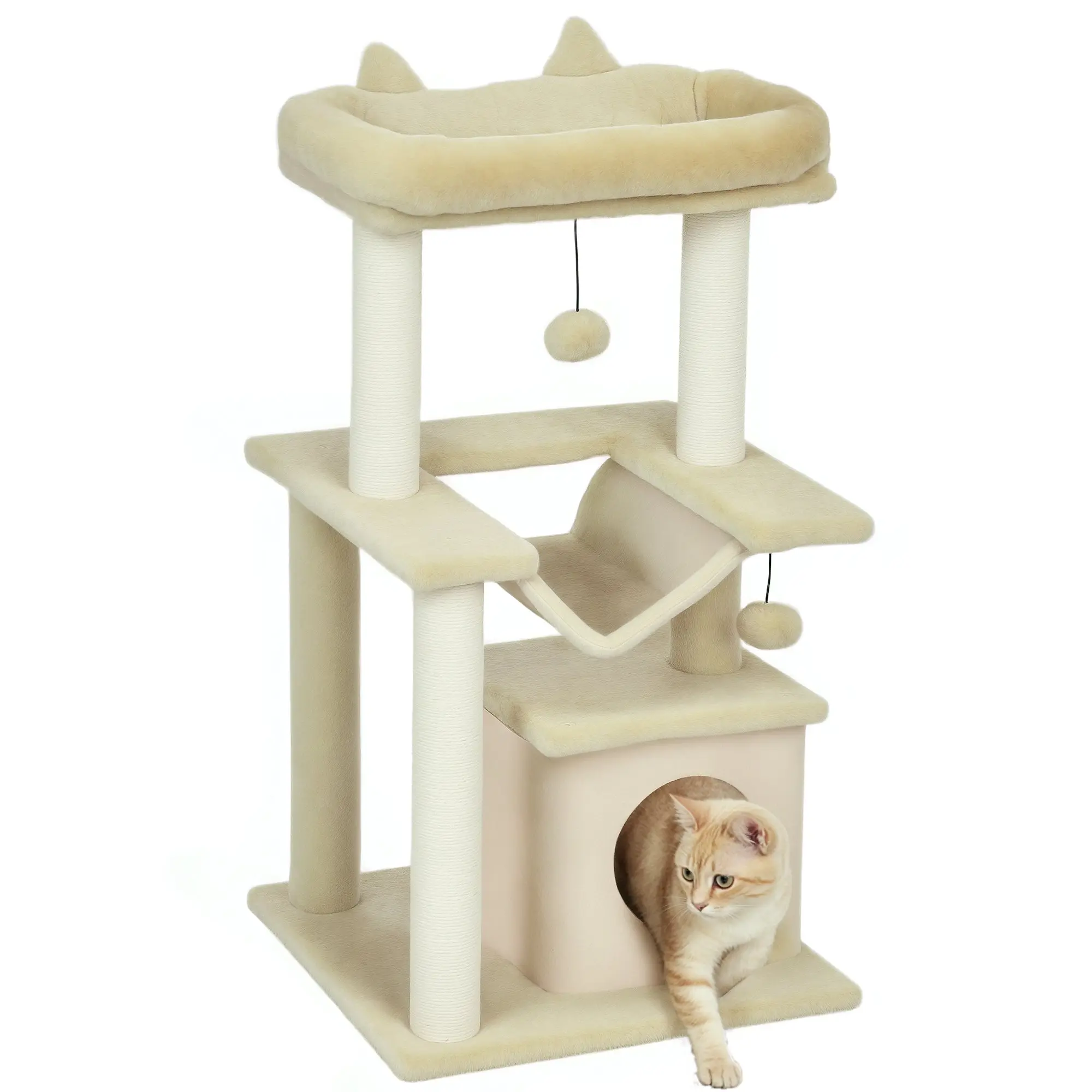 Cat Tree 90 cm Scratching Post with Hammock Play Tree Cat Cave Platforms Climbing Tree Cat Scratching Post Activity Scratching Tree Plush Sisal Cream