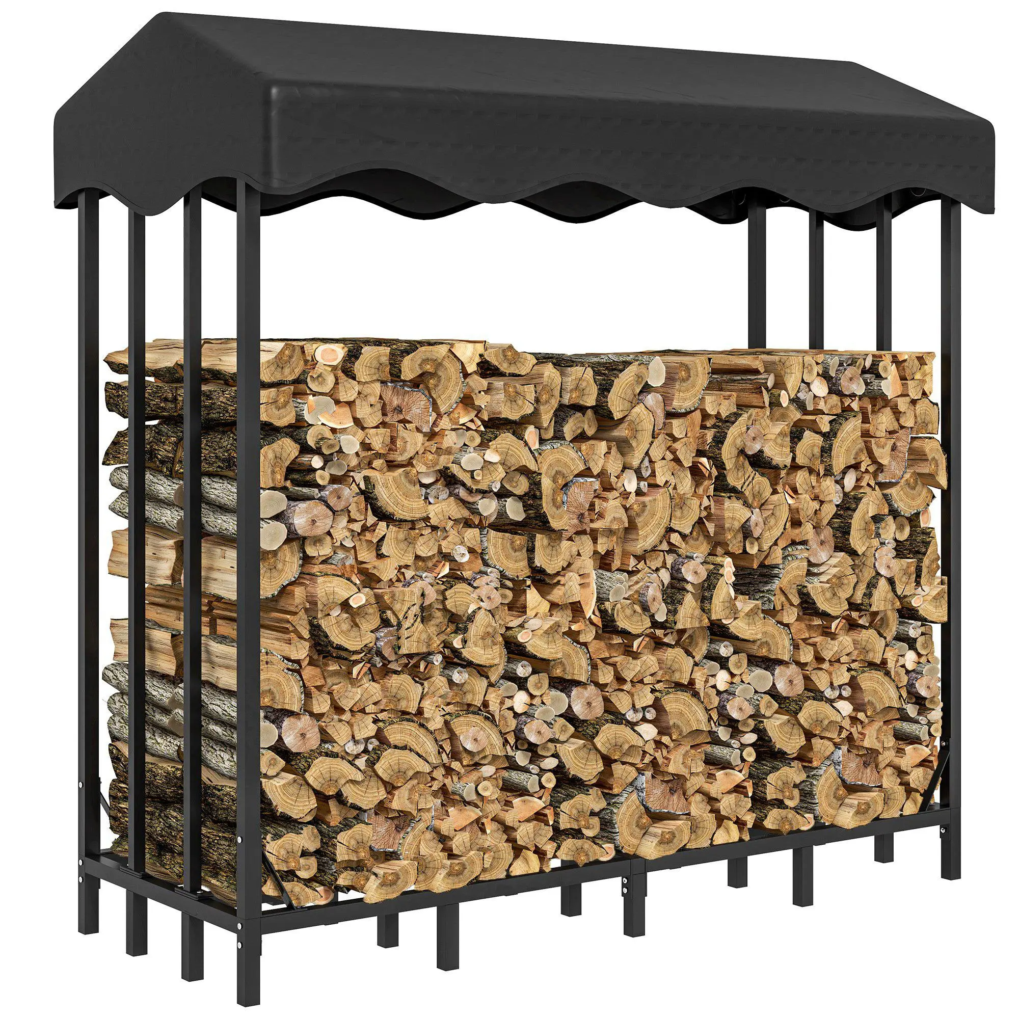 Firewood Rack with Cover Metal Log Storage Shelf Reinforced Structure Holds 1200 kg for Indoor and Outdoor 143x70x145 cm Black