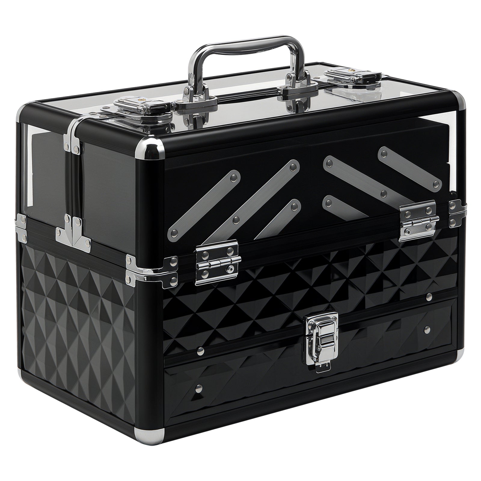 HOMCOM Makeup- og Smykkeboks Kosmetisk Organizer Bærbar Multilevel med Håndtag og Foldbare Bakker Aluminium Alloy 30x18.5x22 cm Transparent og Sort