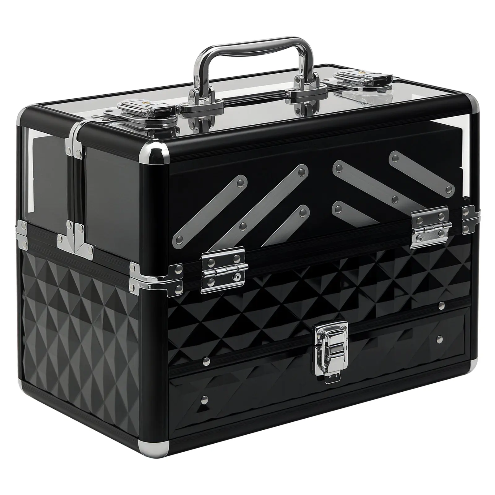 Makeup and Jewelry Case Cosmetic Organizer Portable Multilevel with Handle and Foldable Trays Aluminum Alloy 30x18.5x22 cm Transparent and Black