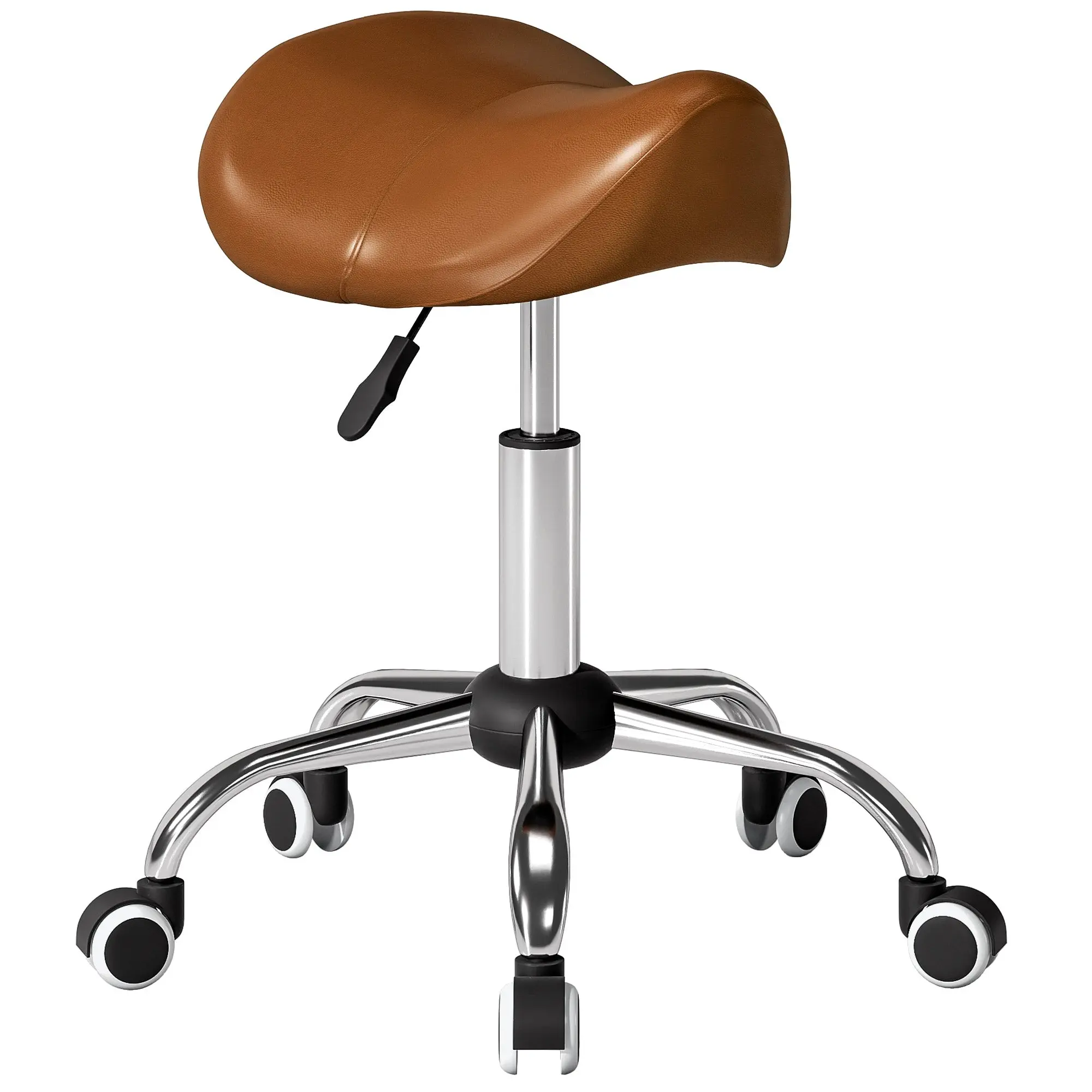 Ergonomic Saddle Rolling Stool, Height Adjustable 19–24 in (49–61 cm), 360° Swivel, PU Seat, Chrome Base with Casters — for Massage, Tattoo, Clinic, Salon, Spa — Brown