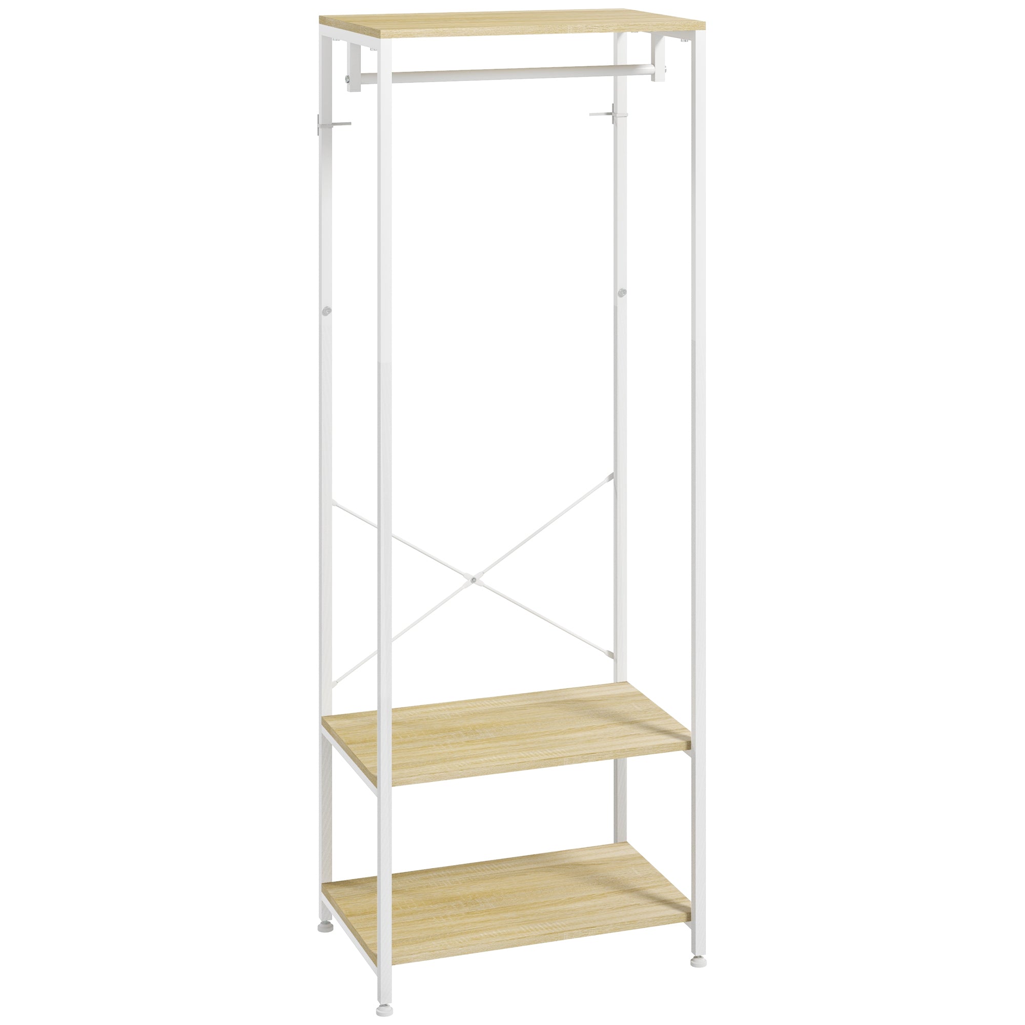 HOMCOM Kabátállvány Cipőtartóval - Bejárati Bútor, Ipari Stílus 60L x 40W x 167.5H cm Világos Fa Hatás Fehér Fém